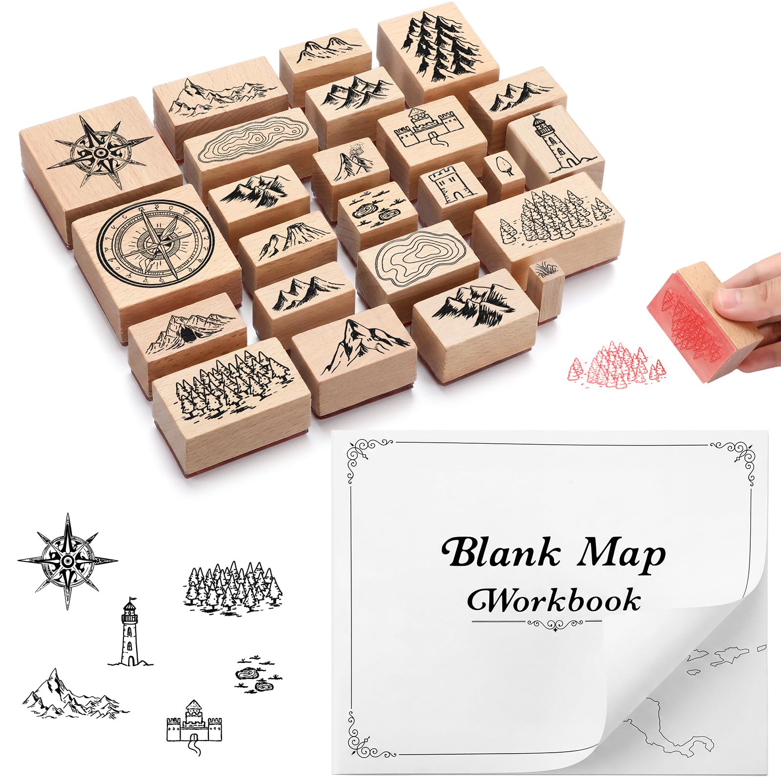 Marspark 24 Pcs Fantasy Map Making Stamp Kit with Practice Work Booklet Combo Map Making Rubber Stamp Kit Compass Outdoor Scenery Stamps for RPG Adventures, Storytelling, and Creative Projects