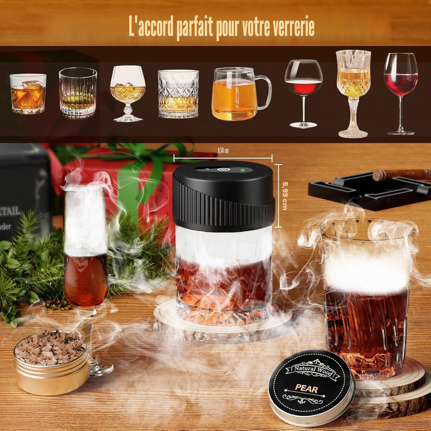 Kit de Fumeur de Whisky Electrique Portable - Kit de Fumée de Cocktail Multifonctionnel Rechargeable avec 6 Puces de Bois (sans Butane) - Briquet Intégré