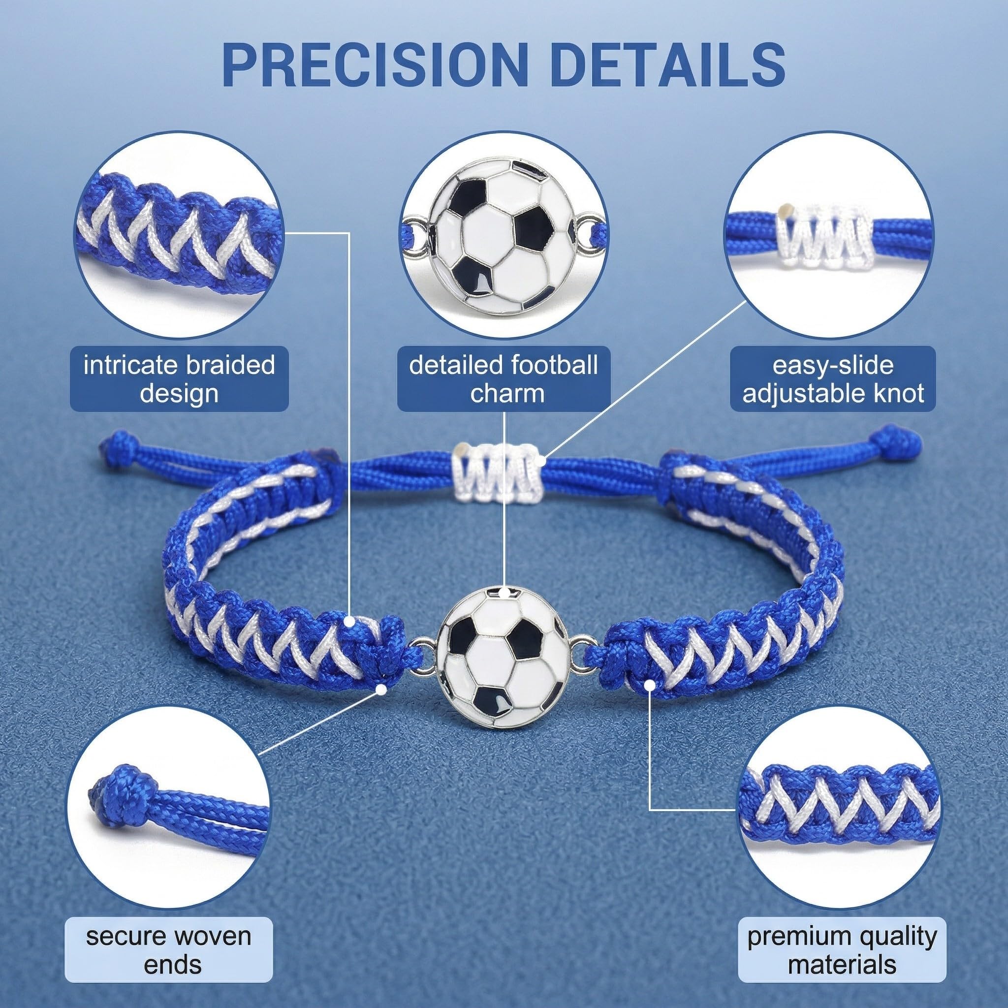 Lot de 2 Bracelets Football Tressés pour Garçon et Enfant, Bracelet d'Amitié Sport Ajustable (14-28cm), Idée Cadeau Anniversaire Footballeur et Supporter, Noir/Blanc et Bleu/Blanc