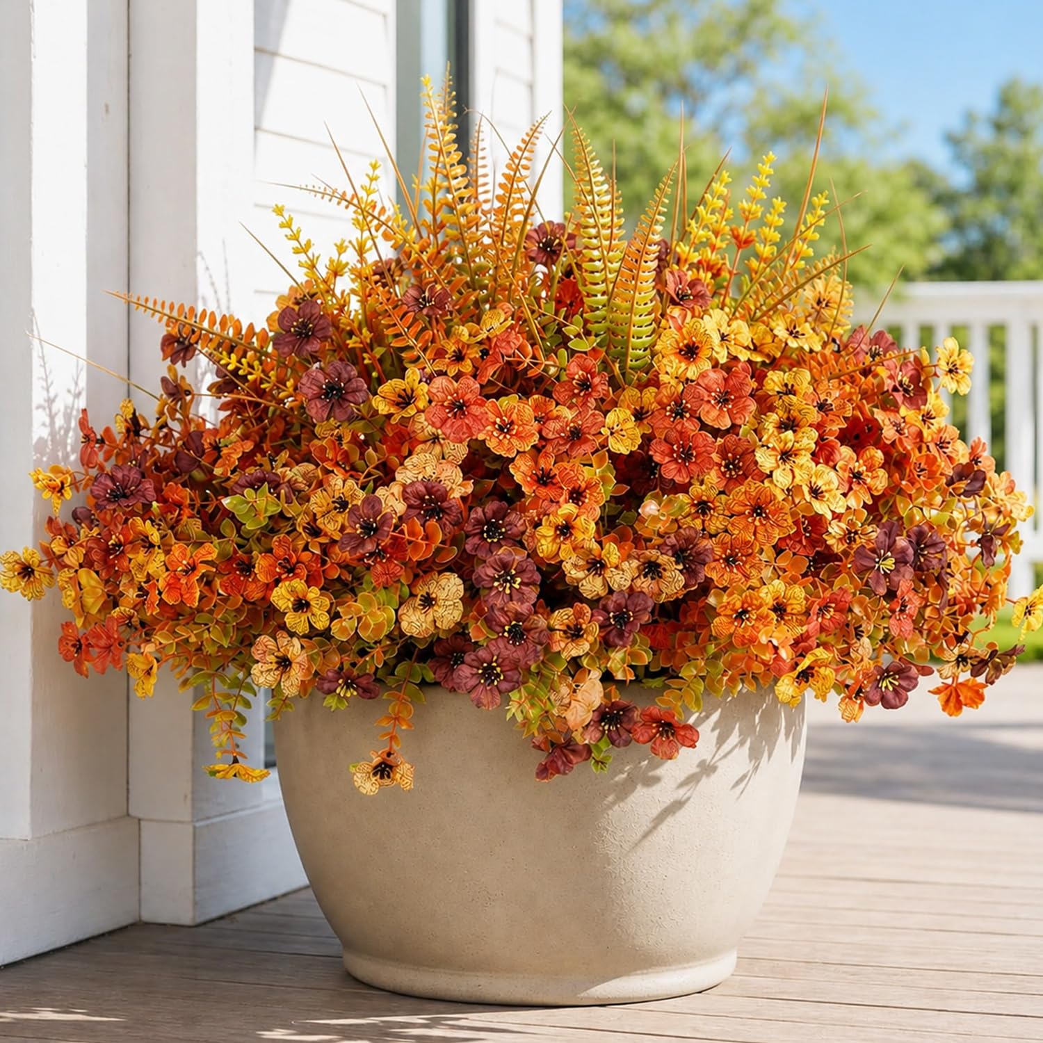 Qubigko Artificial Autumn Flowers for Outdoor – Pack of 16 Lifelike UV Resistant Silk Fake Flowers for Porch, Garden, Yard and Planter Decor – Ideal for Halloween, Harvest Festival & Autumn Display