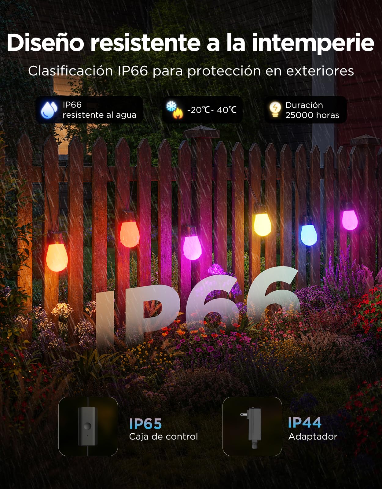 Govee Guirnalda Luces Exterior 15M, RGBICW 65lm pro LED, App Control, IP66 | 16M Colores DIY, 111+ Modos de Escenas, Sync Música, Matter/Alexa/Google, 25000h, Instal. Fácil, Jardín/Balcón/Terraza