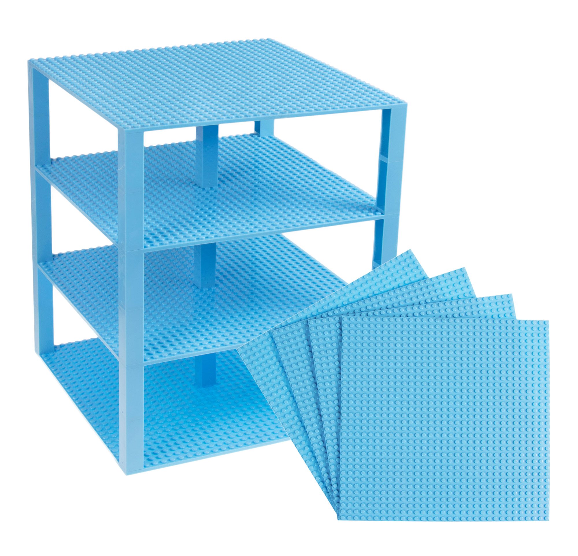 Strictly BriksCompatible with Lego Large Classic Stackable Baseplates, Building Bricks for Towers, Shelves, and More, Sky Blue, 4 Base Plates & 30 Stackers, 10x10 Inches