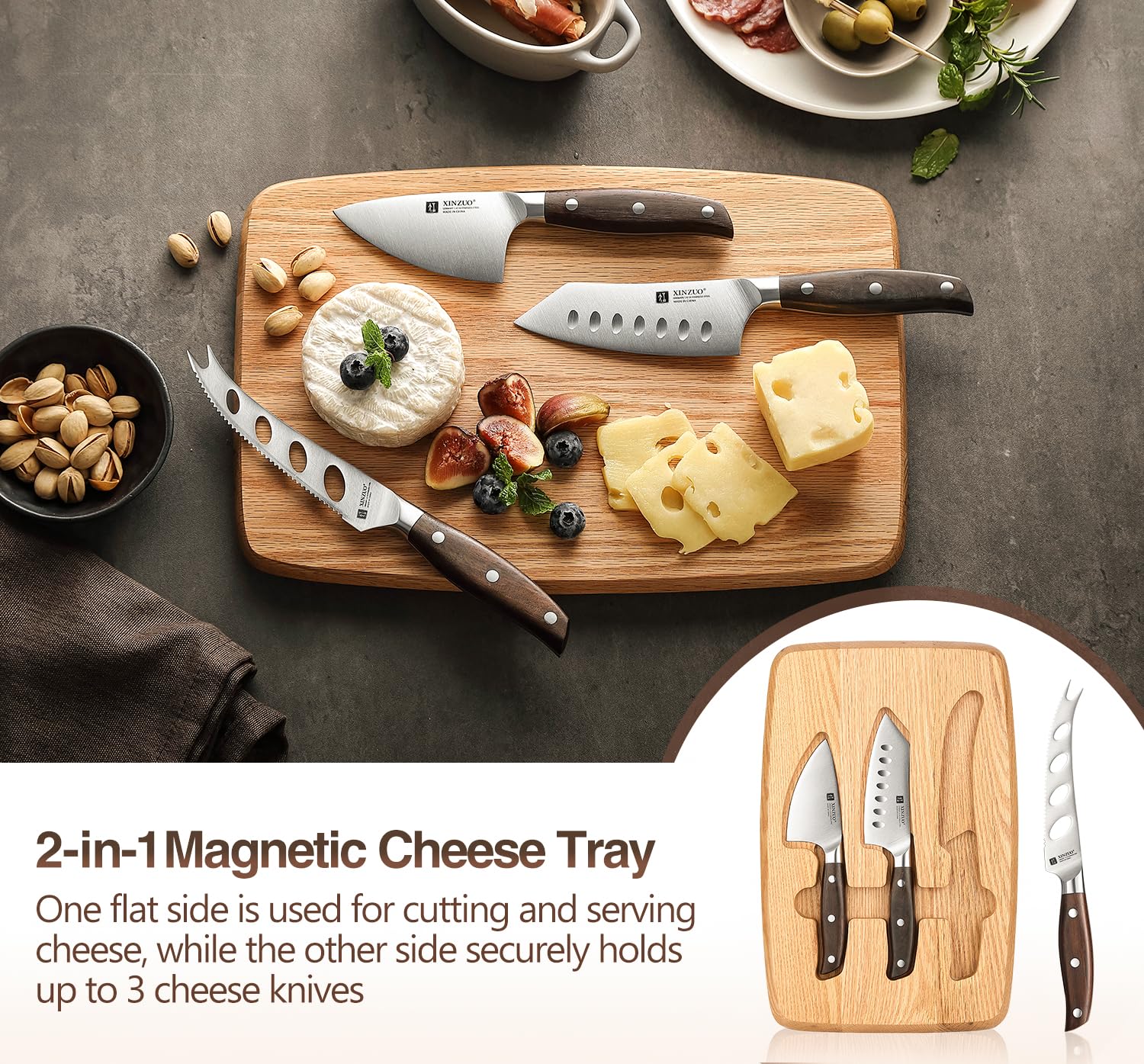 XINZUO Juego de Cuchillos para Queso con Tabla Madera de Roble Rojo y 3 Cuchillos Acero Inoxidable Magnética