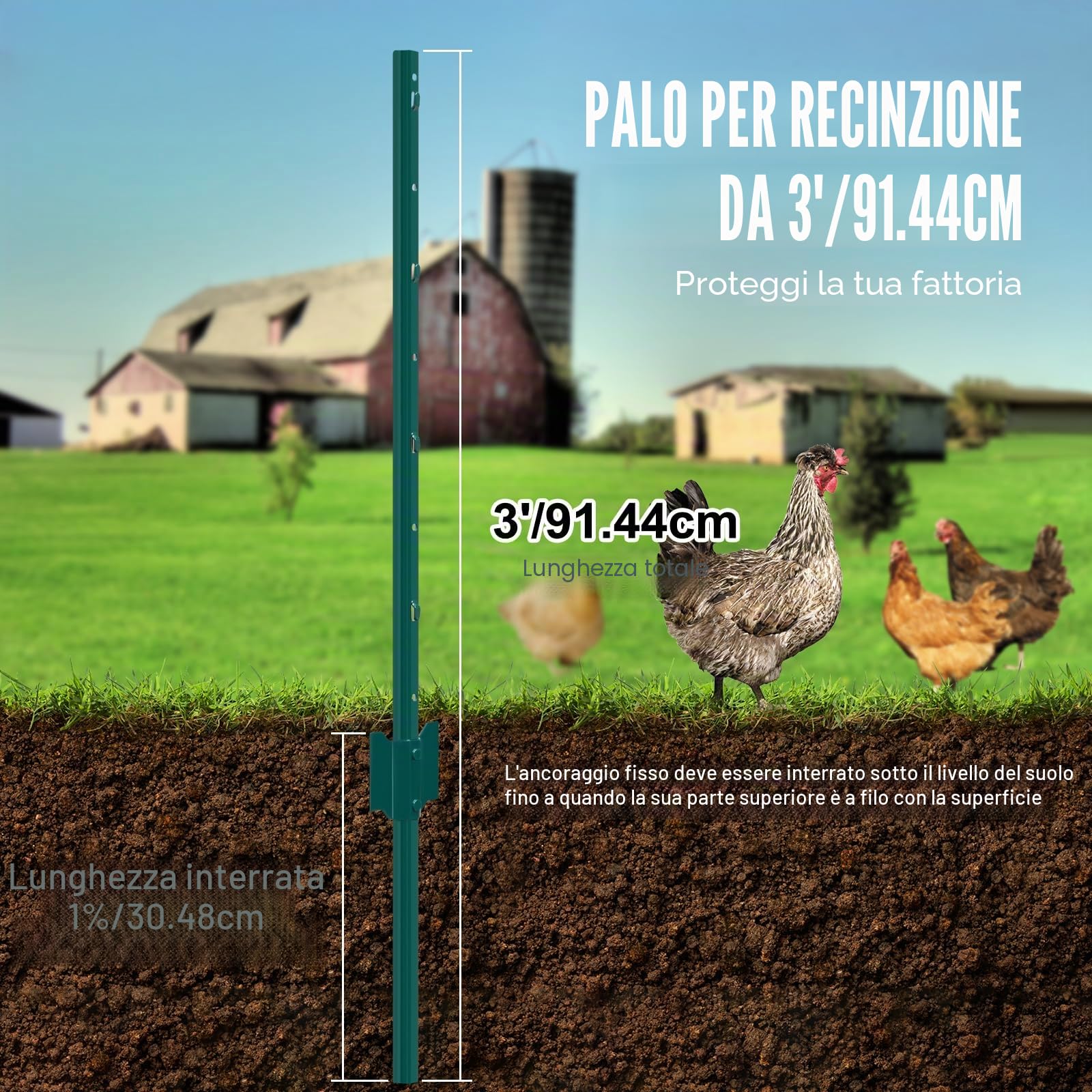 VEVOR Pali per Recinzione in Metallo 91,44 cm, 10 Pali a T Resistenti e Pesanti, Acciaio Robusto per Prato, Fattorie e Recinzioni a Catena per Esterni, Verde