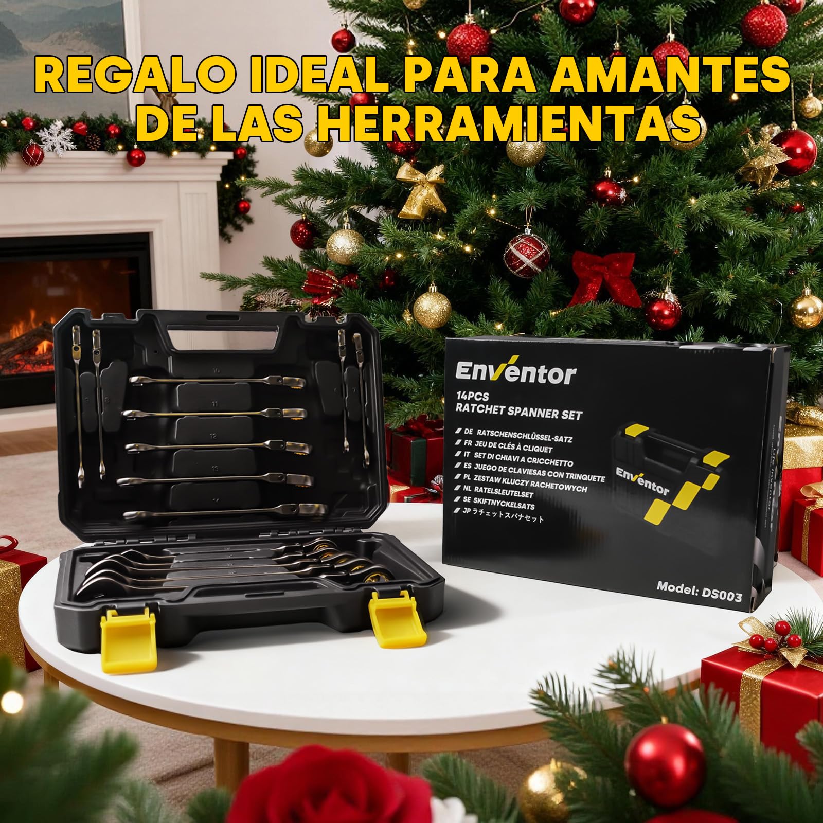 Enventor Llaves Fijas con Carraca de 14pcs, Juego de Llaves Combinadas con Carraca 6mm a 19mm, Acero Cromo Vanadio, Niquelado Negro, 90T, Cabezal Giratorio de 180°, Arco de Giro de 4°, Caja