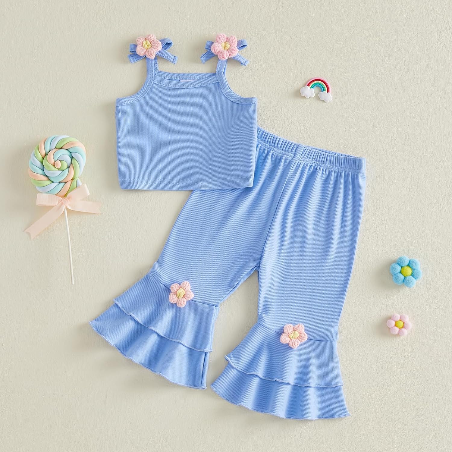 Toddler Clothes For Girls Baby Summer Outfits V Neck Halter Vest Tops Matching Solid Bell Bottoms Kids Pants Set - Image 7