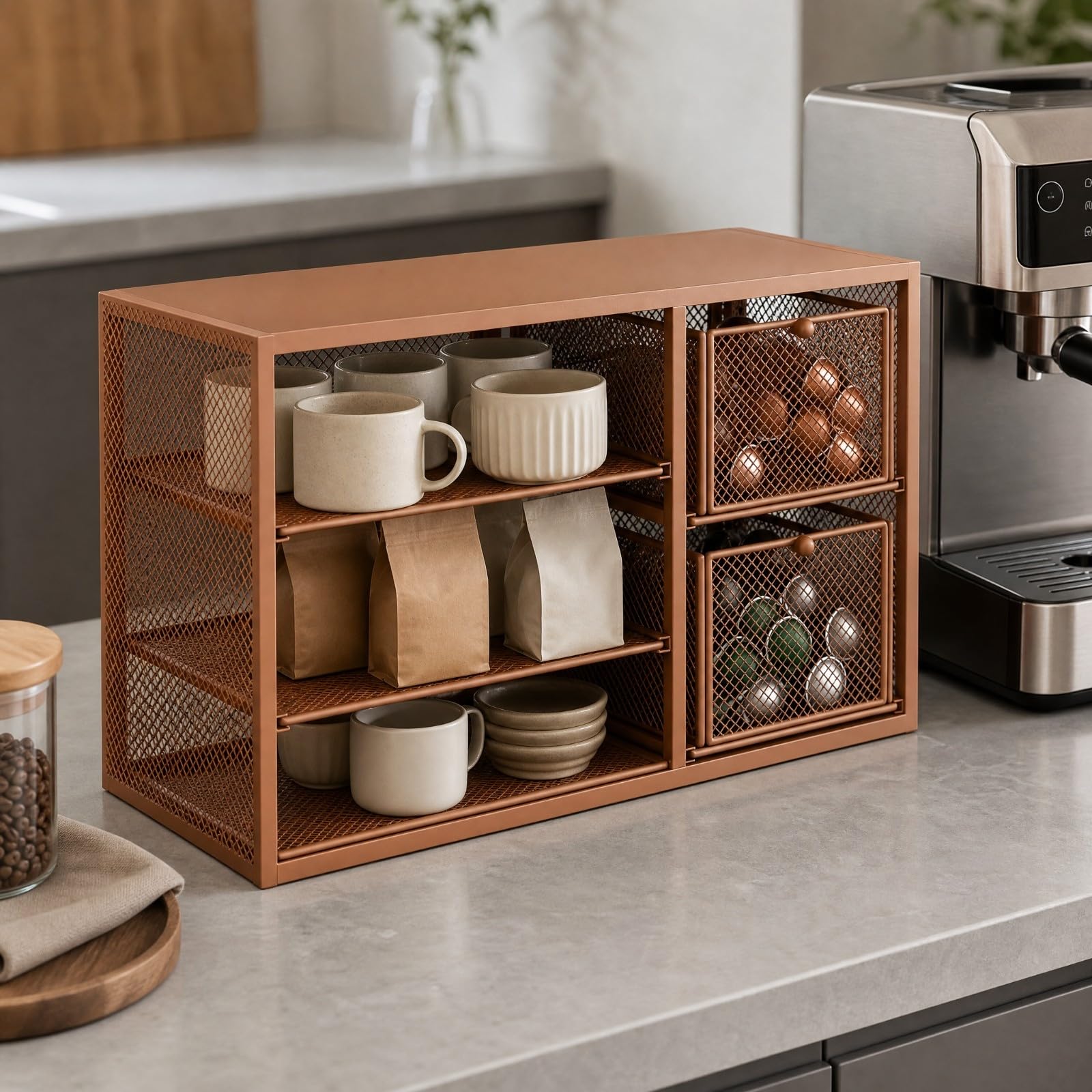 Baoblaze Organizador Café con Cajones Ventilado ría Malla Metálica Compacto Encimera para Oficina, Negro