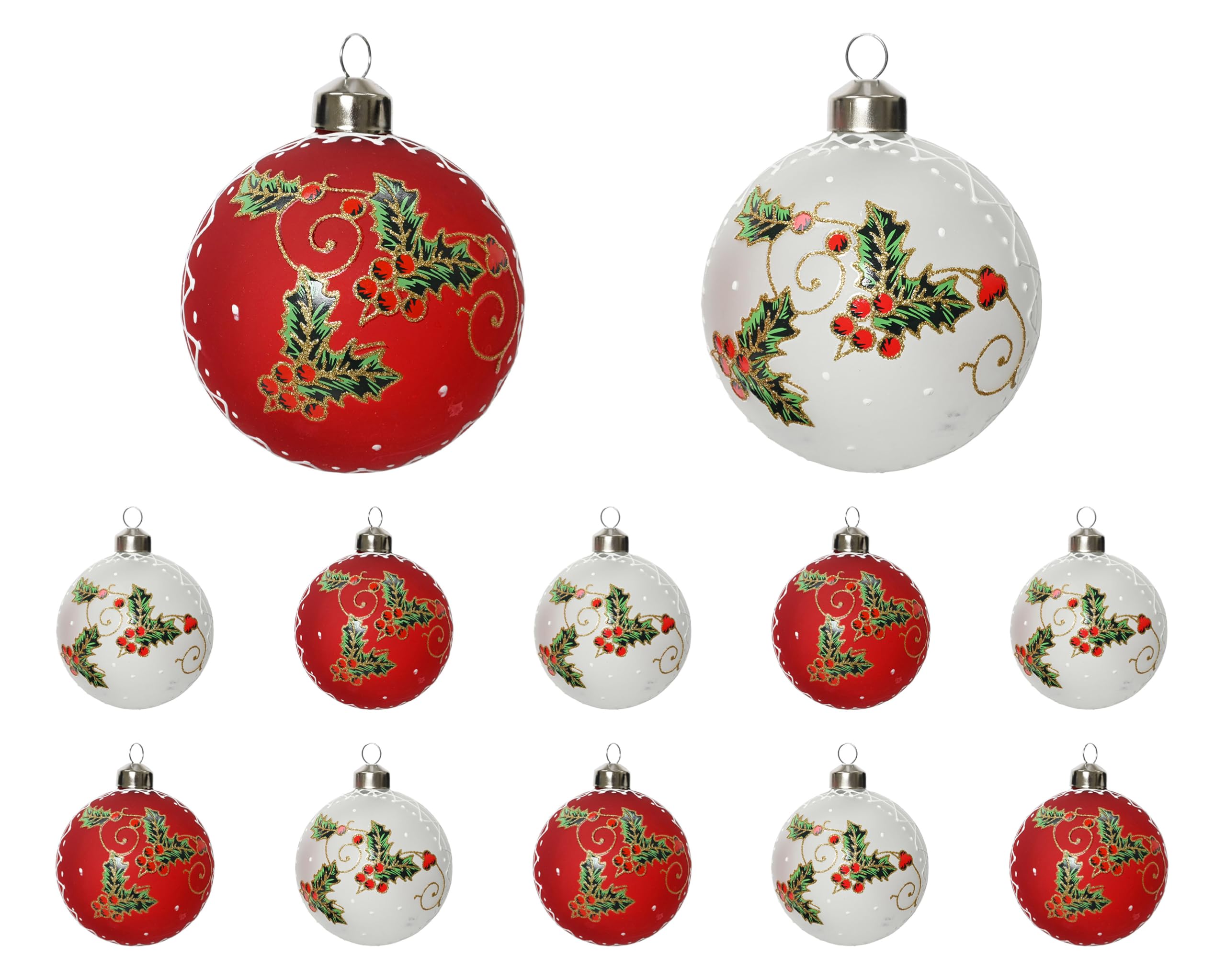 Kaemingk Lot de 12 boules de Noël en verre - 8 cm - Avec motif houx - Boules de Noël - Décoration de Noël et décoration de sapin de Noël - Rouge et blanc