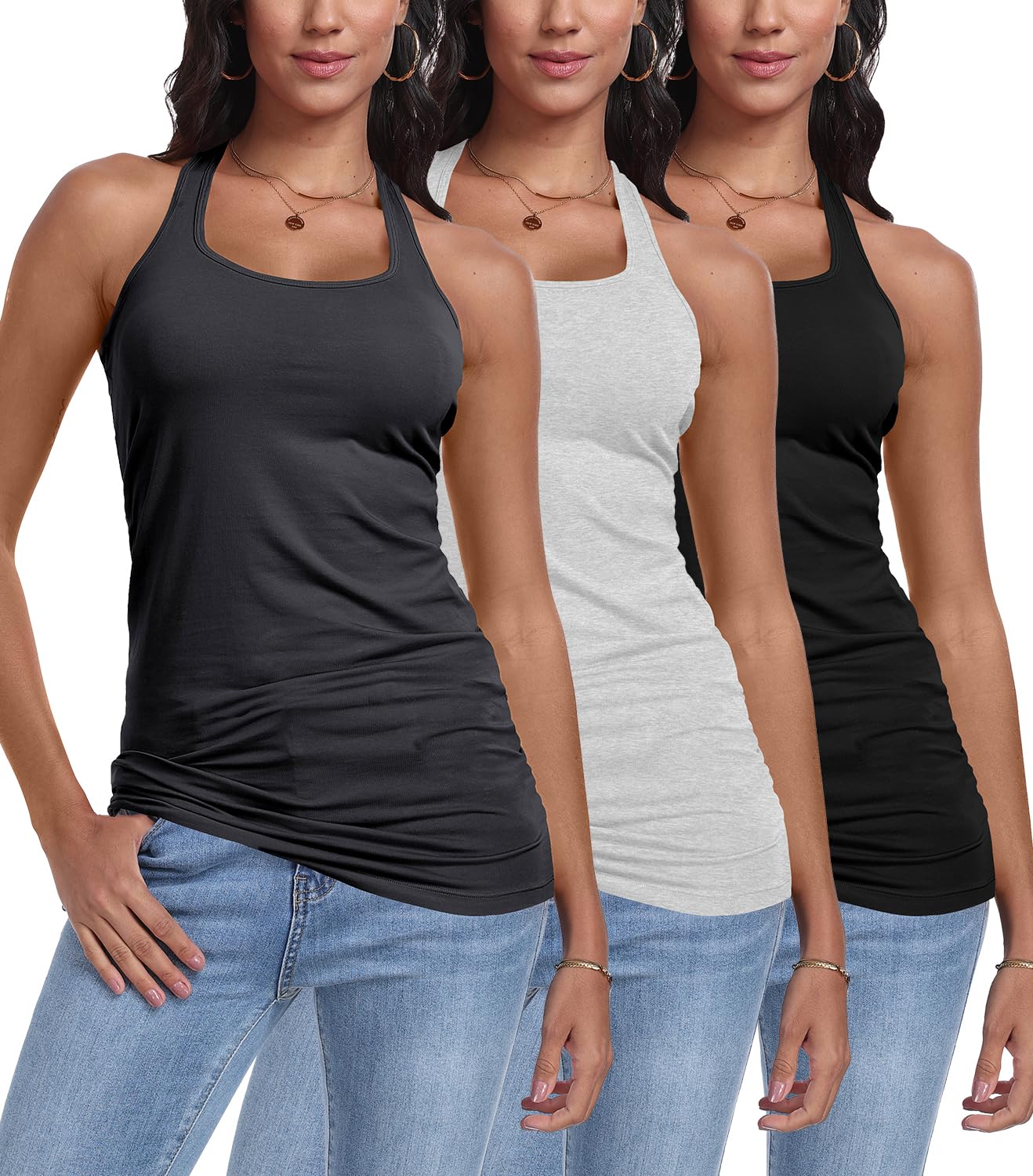 Confezione da 3 canottiere da donna lunghe per allenamento, in cotone, per yoga, palestra, atletica