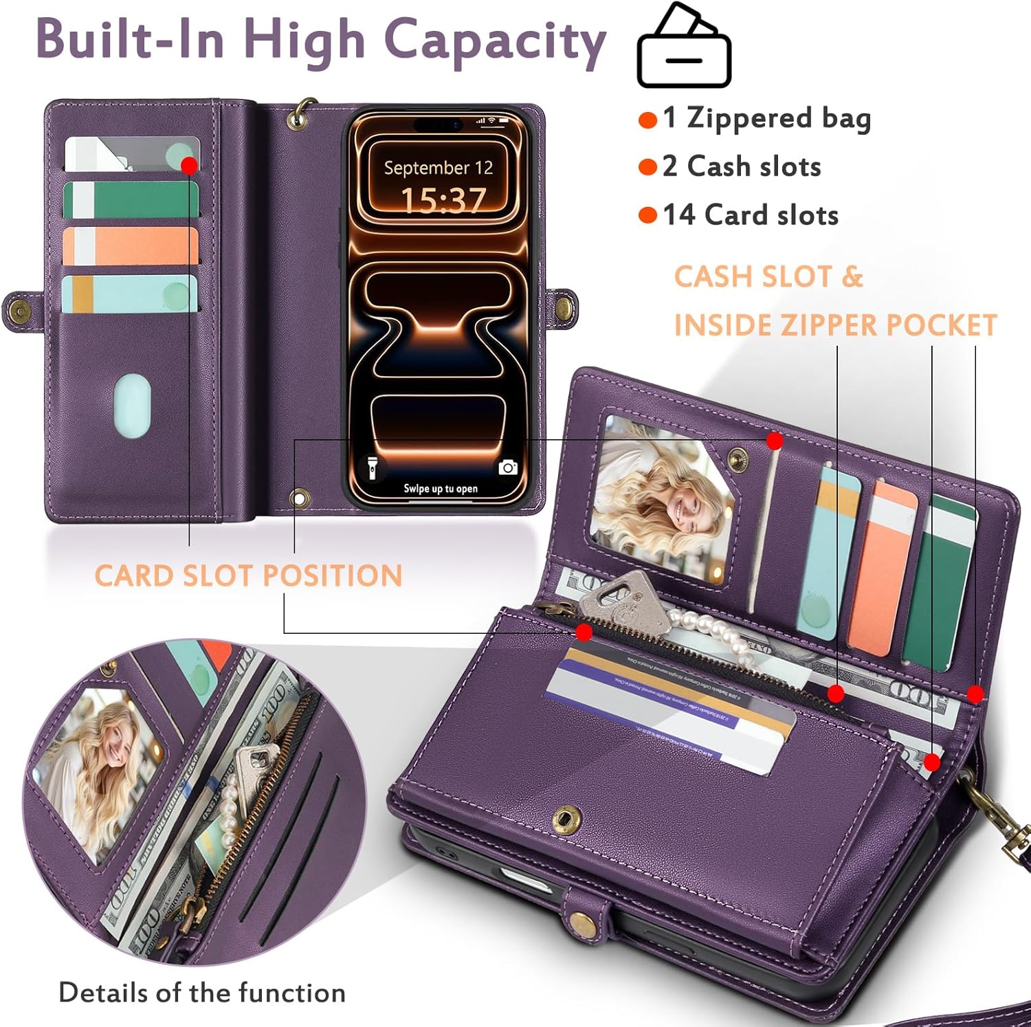 for Wallet Case Compatible with iPhone 17 Pro Max,Multi-Function Detachable 3 in 1 Magnetic iPhone 17 Pro Max Case Wallet,Flip Strap Zipper Card Holder Phone Case with Shoulder Straps (Pruple)