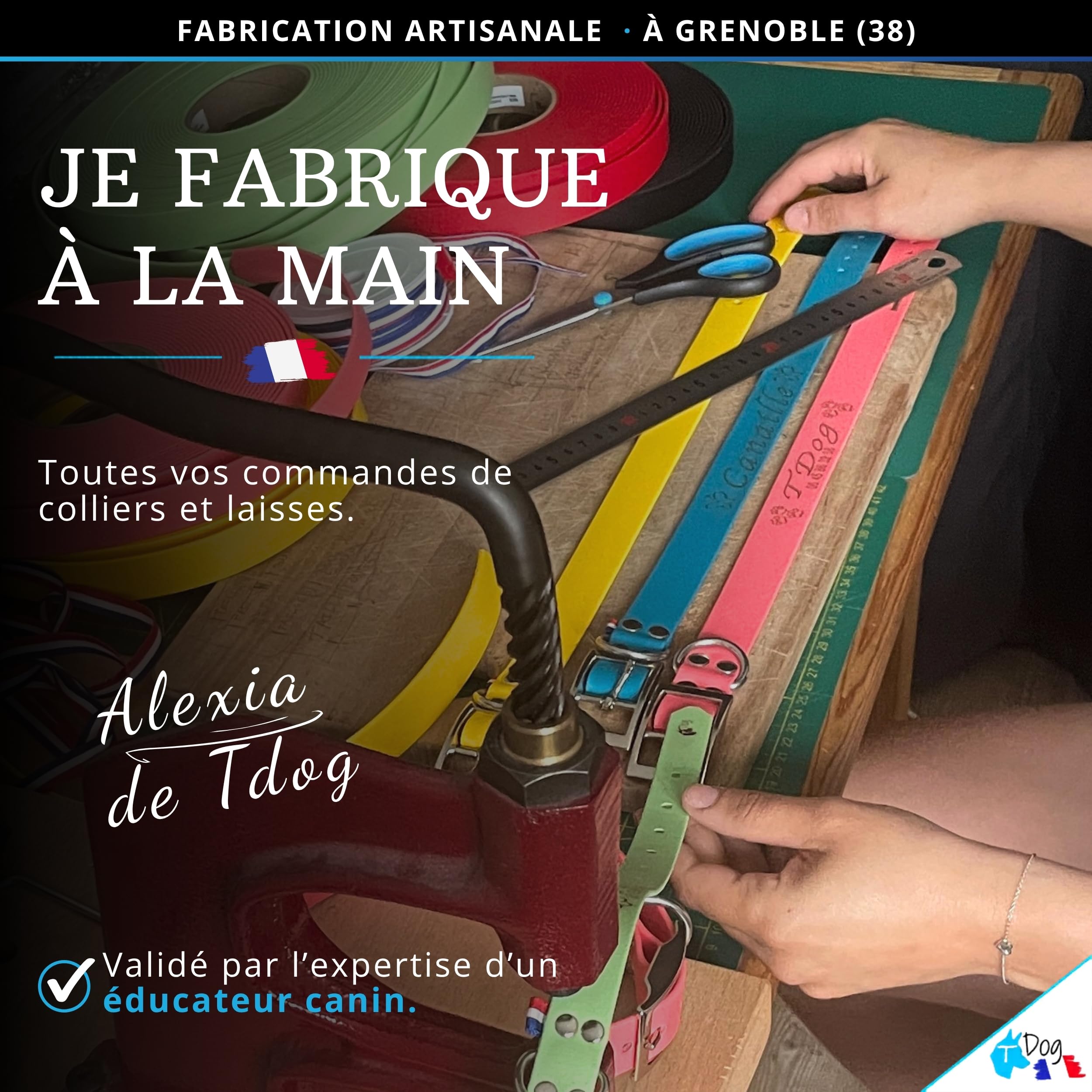 Collier Chien personnalisé Biothane - Fait Main France - Collier gravé au Laser - Gravure prénom et numéro téléphone - Sport Chasse Rando - Collier étanche et résistant pour Chien - TDOG (Rouge)
