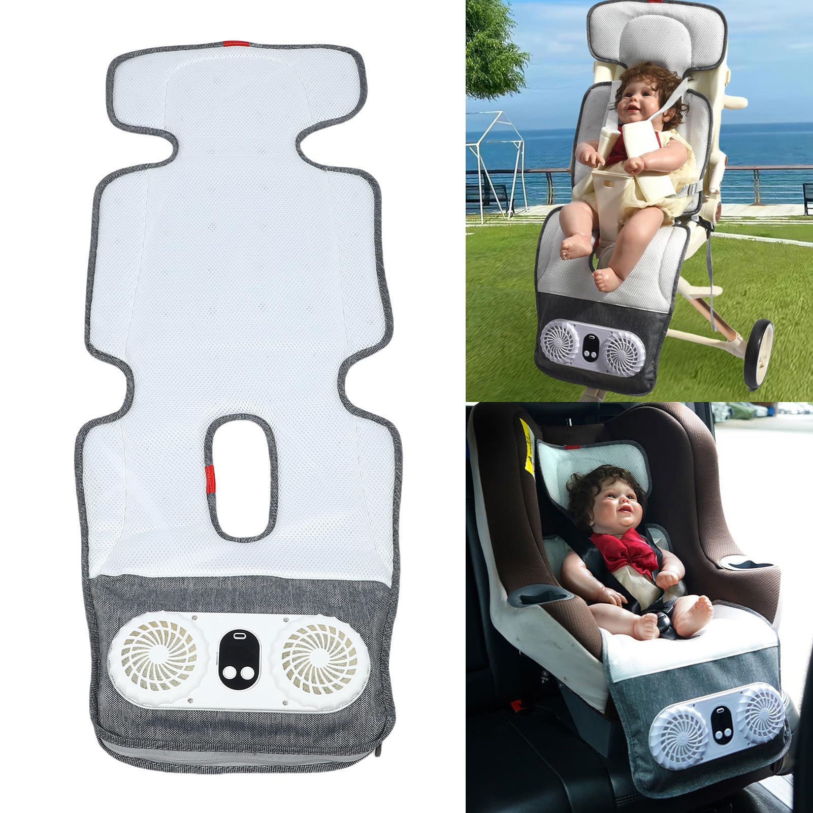 Paggine Raffreddamento dei Passeggini, Fodera Auto Traspirante per la Fodera Neonati Cuscino Tappetino con Doppio Ventole Passeggino, 3 velocità, Bambini Essenzienti Estivi