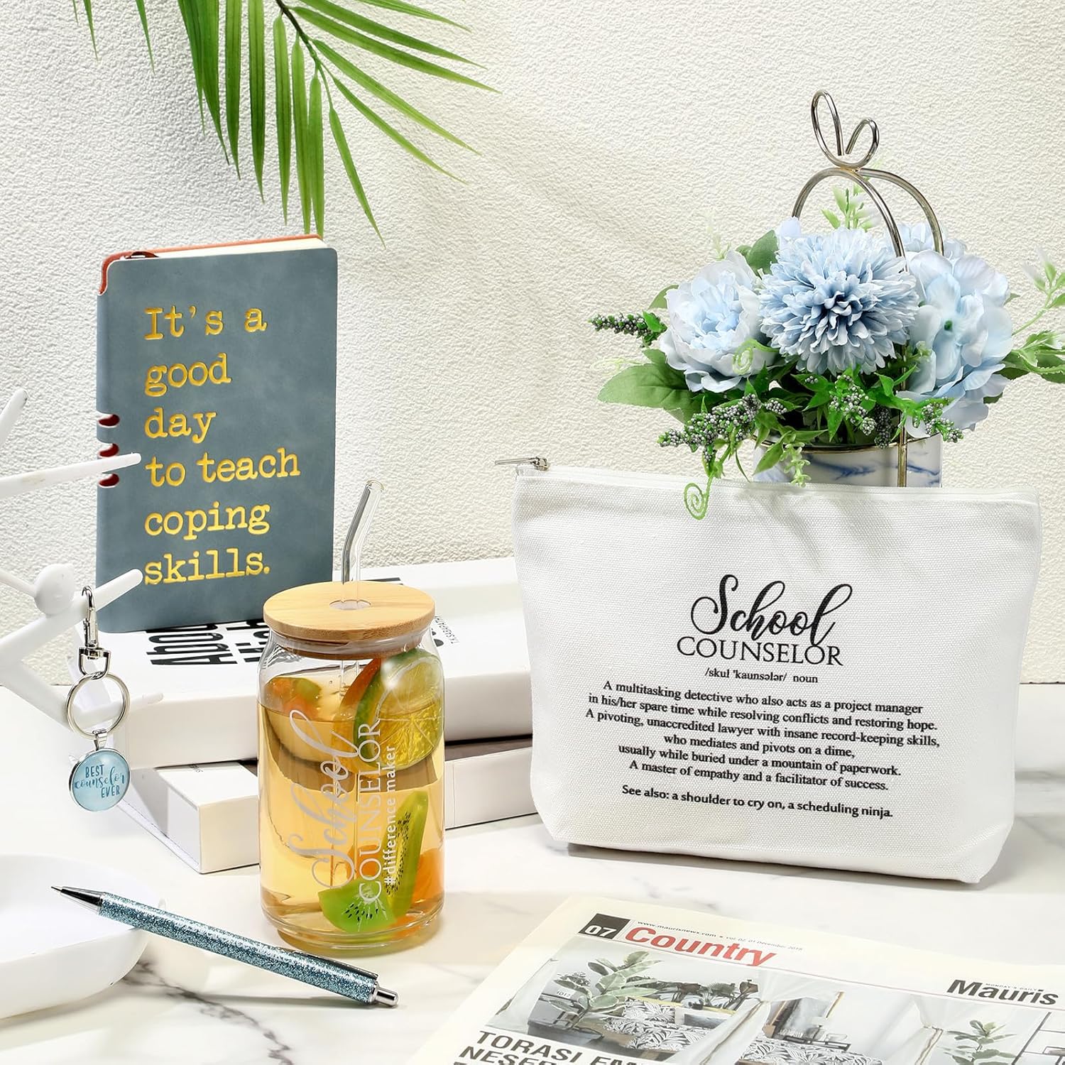 5 Pcs School Counselor Must Have for Women 16oz Glass Cup Makeup Bag Leather Notebook Pen Keychain Thank You Gift for School Counseling Week Guidance Teacher Appreciation(Blue) - Image 5