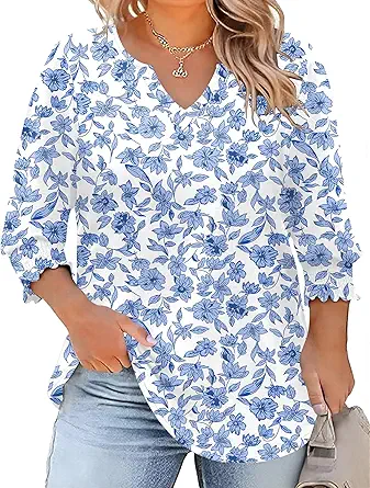 Rapbin Womens Plus Size Tops 3/4 Sleeve Blouses Shirts Casual V Neck Loose Tunic Tops 1X-5X