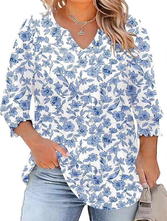 Rapbin Womens Plus Size Tops 3/4 Sleeve Blouses Shirts Casual V Neck Loose Tunic Tops 1X-5X