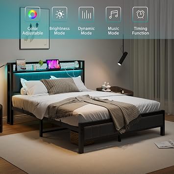 King Size Bed Frame with Storage Wooden Headboard,Charging Station,LED Lights,Metal Platform Upholstered Bed Frame King Size Bed Base with Strong Metal Slats,Mattress Base,Noise Free,Grey