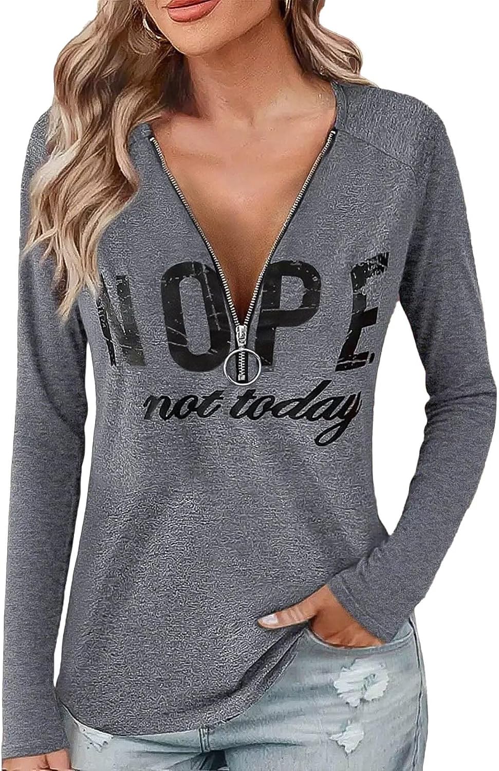 Flamingals Letter Print Zipper Tops for Women Ring Half Zip Deep V Neck Long Sleeve Low Cut Cinched Waist Tops Going Out