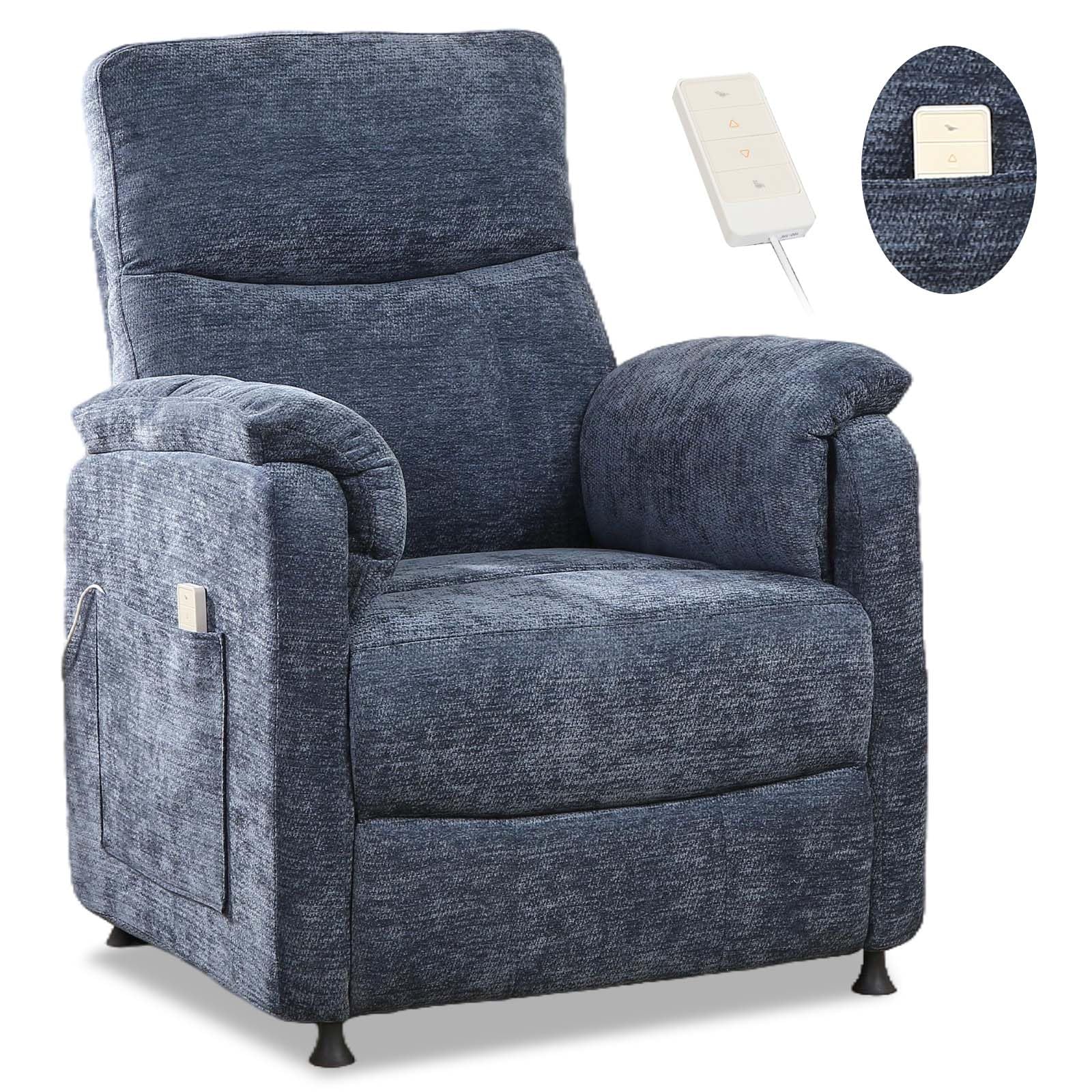 Chenille Power Recliner Chair for Living Room Bedroom|Electric|Remote Control|Side Pockets|Small|Adults (Blue)