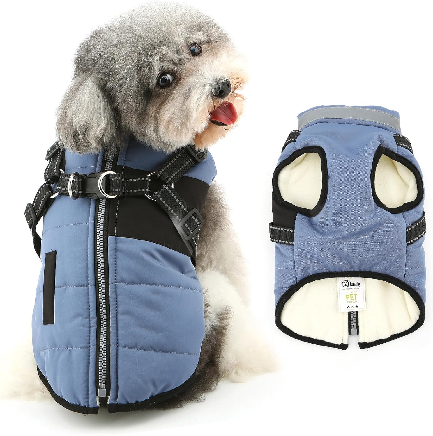 Ranphy Reflective Fleece Lined Jacket with Built-in Harness for Small Dog Padded Puppy Winter Coat Sleeveless Zipper Windproof Yorkie Chihuahua Warm Clothes Double Leash Ring Cat Clothing,Blue,XL