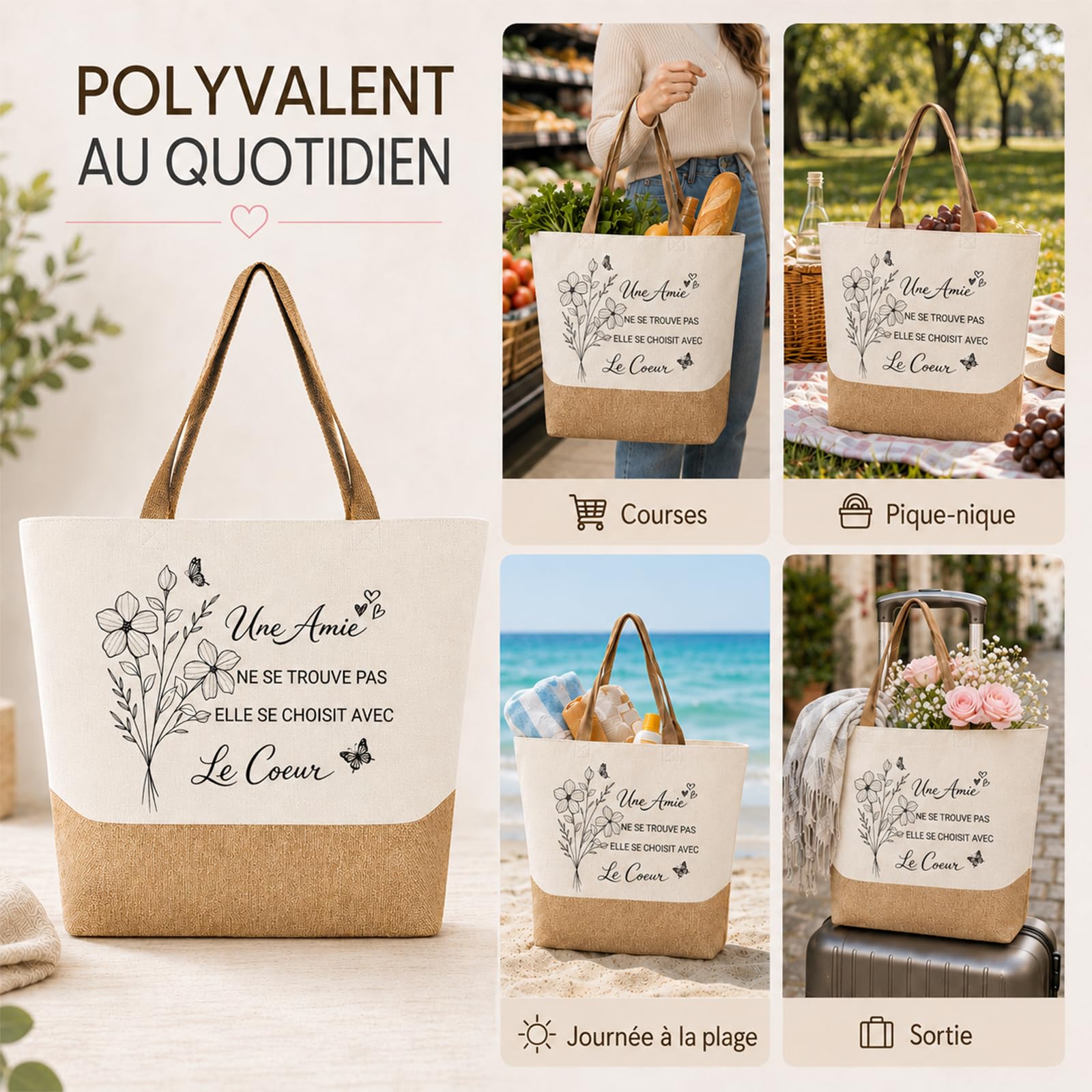 Cadeau Meilleure Amie Tote Bag Sac en Toile Jute Cabas avec Porte-Clés et Bracelet