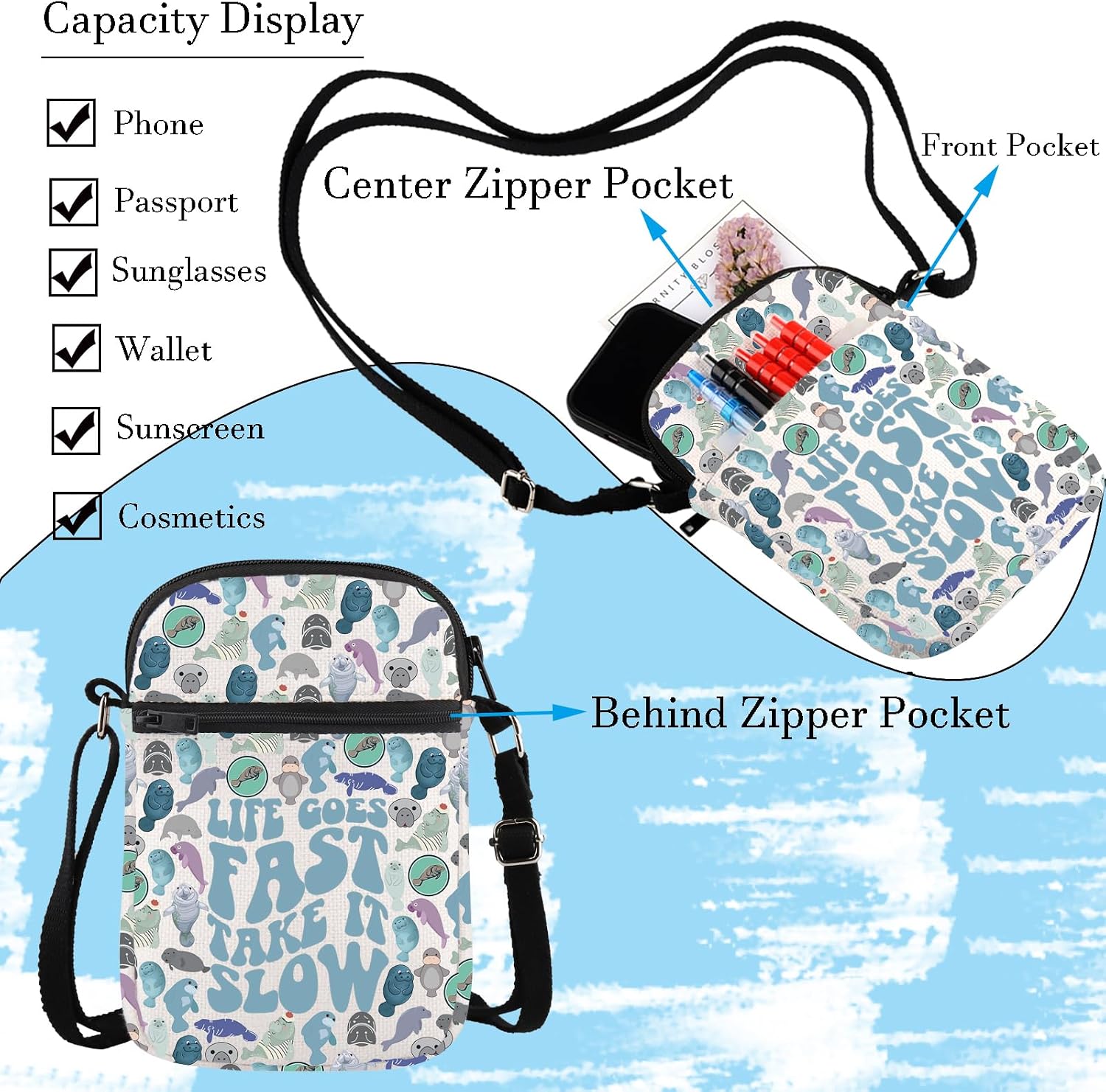 WCGXKO Manatee Messenger Bag Manatee Lover Gift Marine Biology Gift Animal Lover Florida Animals Manatee Zipper Crossbody Bag image 5