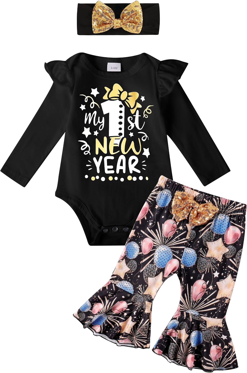 My First New Years Baby Girl Outfit Ruffle Long Sleeve Top Party Gift Pattern Pants Headband 3 Piece Set