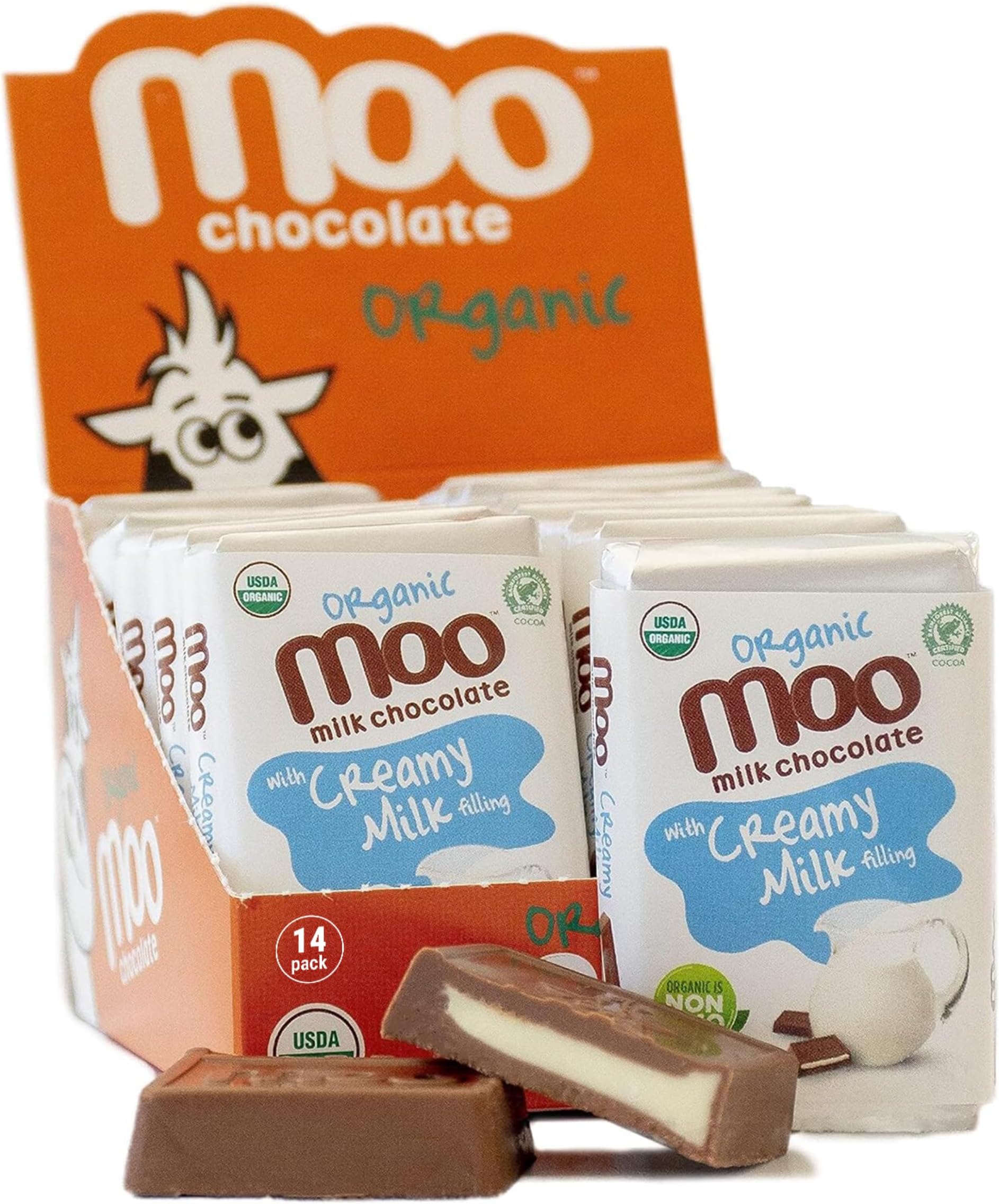 Moo Chocolates Organic Milk Chocolate Mini Bars with Creamy Milk Filling 0.7oz, 14 ct (Pack of 1) | USDA Organic, Non-GMO | 110 Calorie Snacks for On-the-Go, Lunchboxes, Office