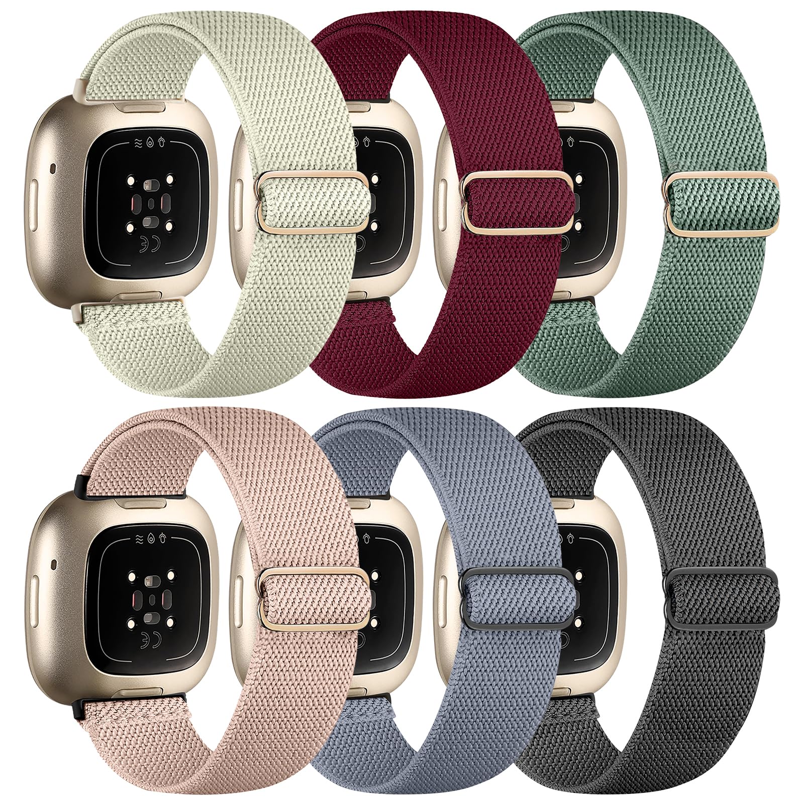 Chinbersky 6 Pack Armband Kompatibel mit Fitbit Versa 3 Armband/Fitbit Versa 4 Armband/Fitbit Sense Armband Damen Herren, Verstellbares Dehnen Nylon Sport band für Fitbit Versa 4/Versa 3/Sense 2/Sense