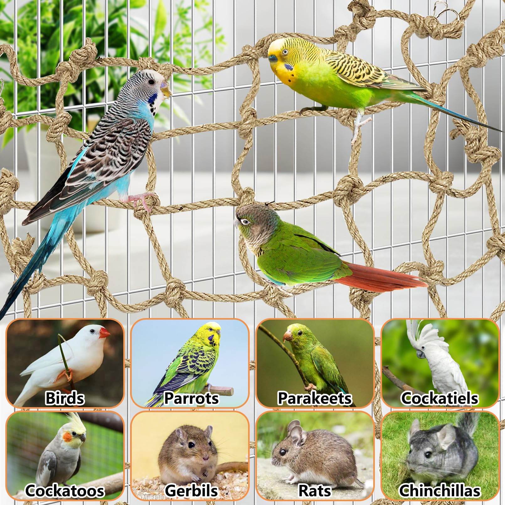 Tfwadmx Red de cuerda natural para pájaros, tamaño grande – 24 x 24 pulgadas, hamaca para loros, escalera de escalada para pájaros, juguetes masticables para periquitos, guacamayos, conure, pinza,