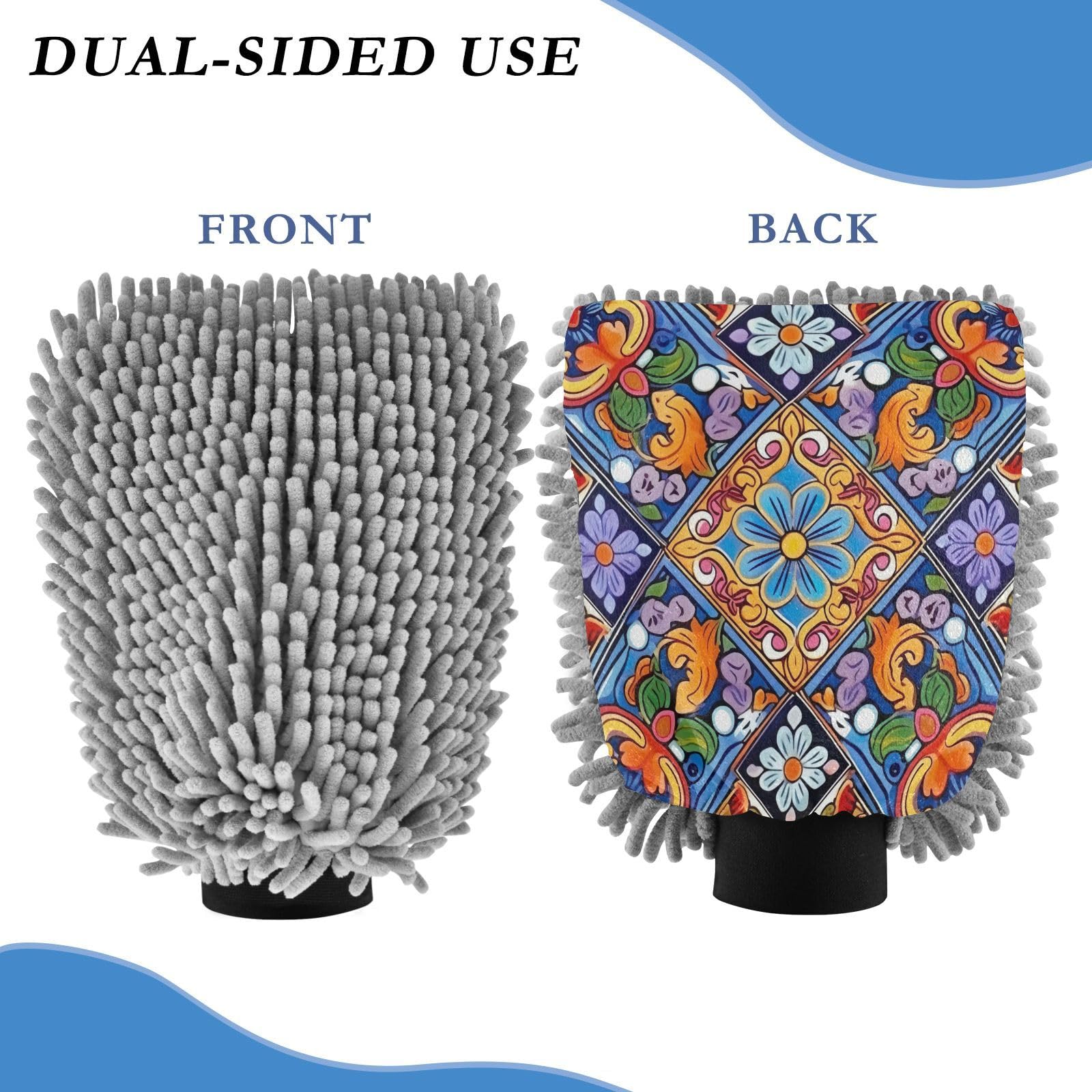 Flradish 2 Pack Mandala Pattern Car Wash Mitt Chenille Microfiber Lint-Free Scratch Free Ultra-Soft Absorbent Car Wash Mitt 11.8x8.07 Inch