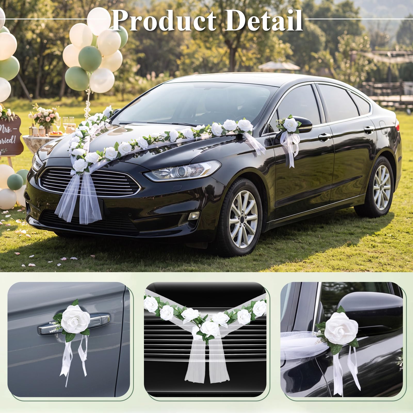 Autoschmuck Hochzeit Motorhaube, Autoschleifen Hochzeit Auto Deko, Auto Hochzeitsschmuck mit 2 x Langerförmig Girlande, 4 x Türgriffblume, 2 x 180cm Tüll – Blumenschmuck Auto Wedding Deko Girlande