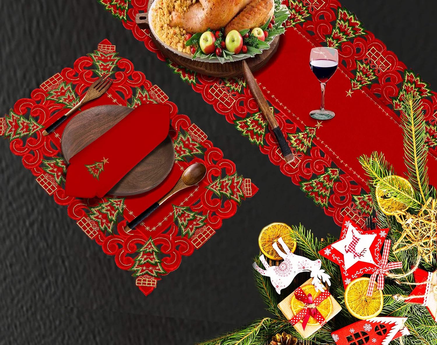 Grelucgo Set of 6 Embroidered Christmas Holiday Holly Tree Table Placemats, Rectangular 12 x 18