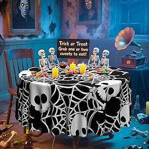 Halloween Gothic Skull Tablecloth 60 Inches, Horror Skeleton Table Cover Decorative Dining, Scary Round Halloween Tablecover Picnic Party Decoration
