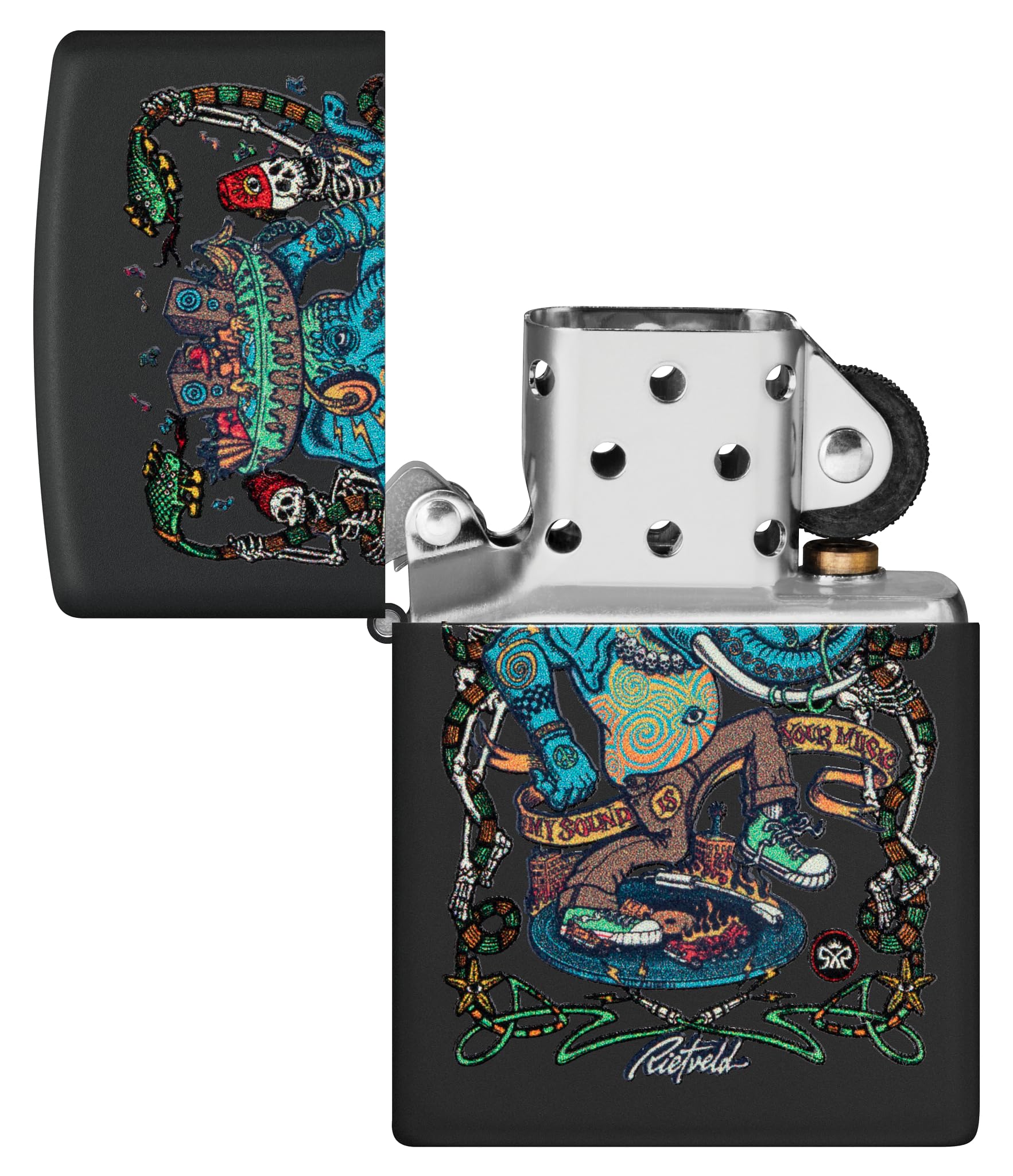 Zippo Rick Rietveld Zapalniczka Sztormowa, Nadruk Uv, do Napełniania, Wielokrotnego Użytku, Wiatroodporna Konstrukcja, Pudełko na Prezent, Wykonano w USA, Kolor Czarny Matowy