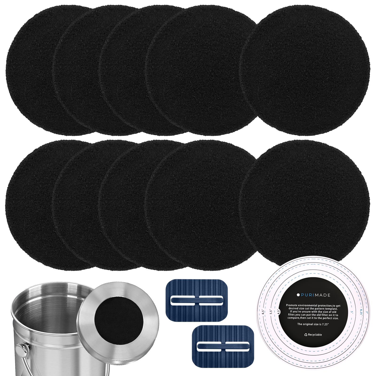 PURIMADE 10Pack 7.25 Inch Charcoal Filters for Compost Bucket with Cutting Template & Trash Can Bag Holder Clip, Universal Size Compost Bin Filter, Compost Filters for Countertop Bin