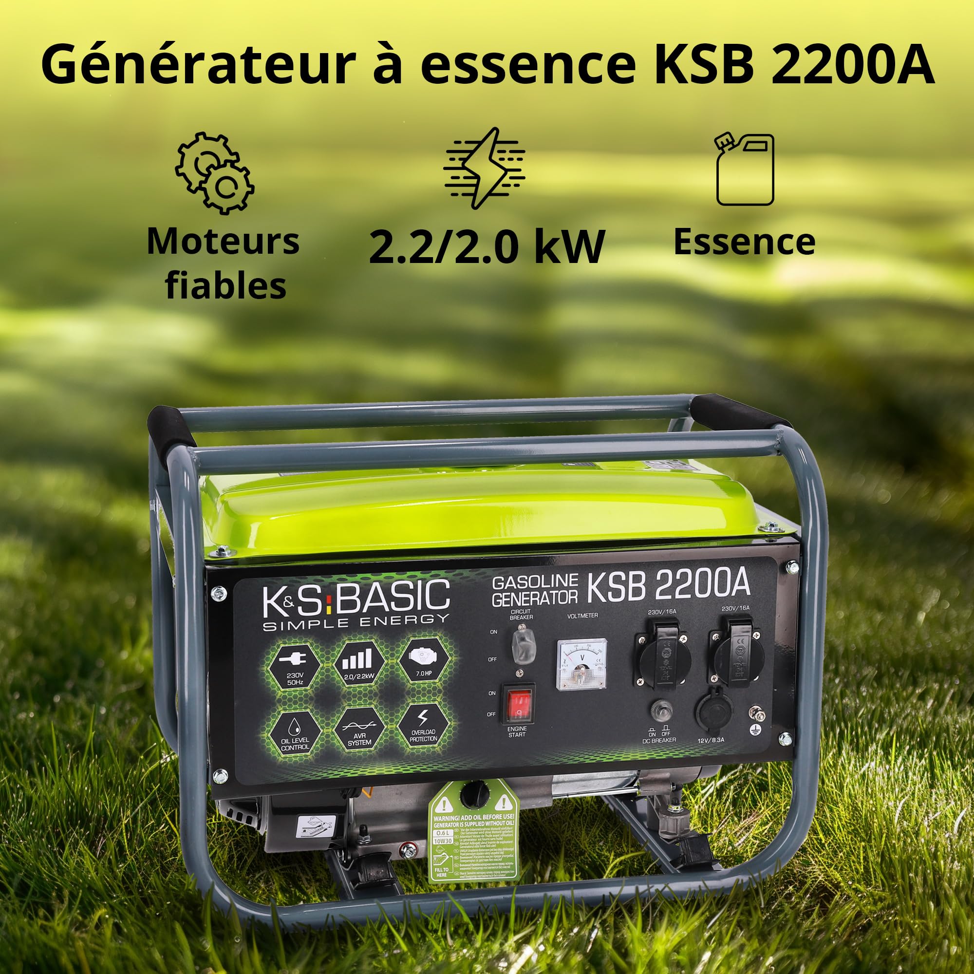 Groupe électrogène à essence KSB 2200A, puissance maximale 2200W, démarrage manuel, puissance moteur 5,5 CV, régulateur AVR, voltmètre, 2x16A (230V), sortie 12V, alternateur en aluminium