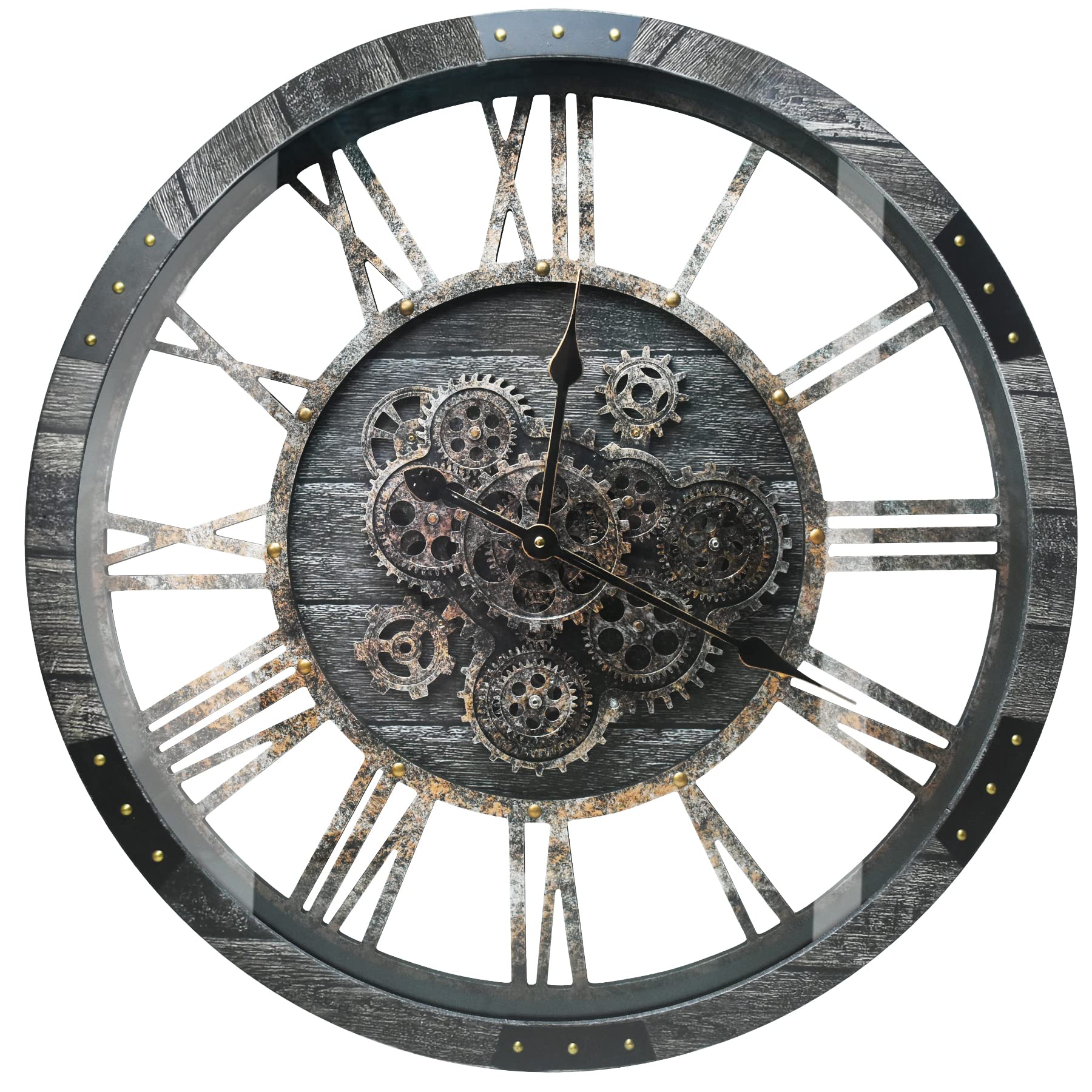 68CM Große Vintage Wanduhr mit Beweglichen Zahnrädern, Retro Holz Gehärtete HD-Glasabdeckung, XXL Antike Steampunk Industriell Wanduhr für Büro Wohnzimmer Bar (Kohlenstoff Grau)