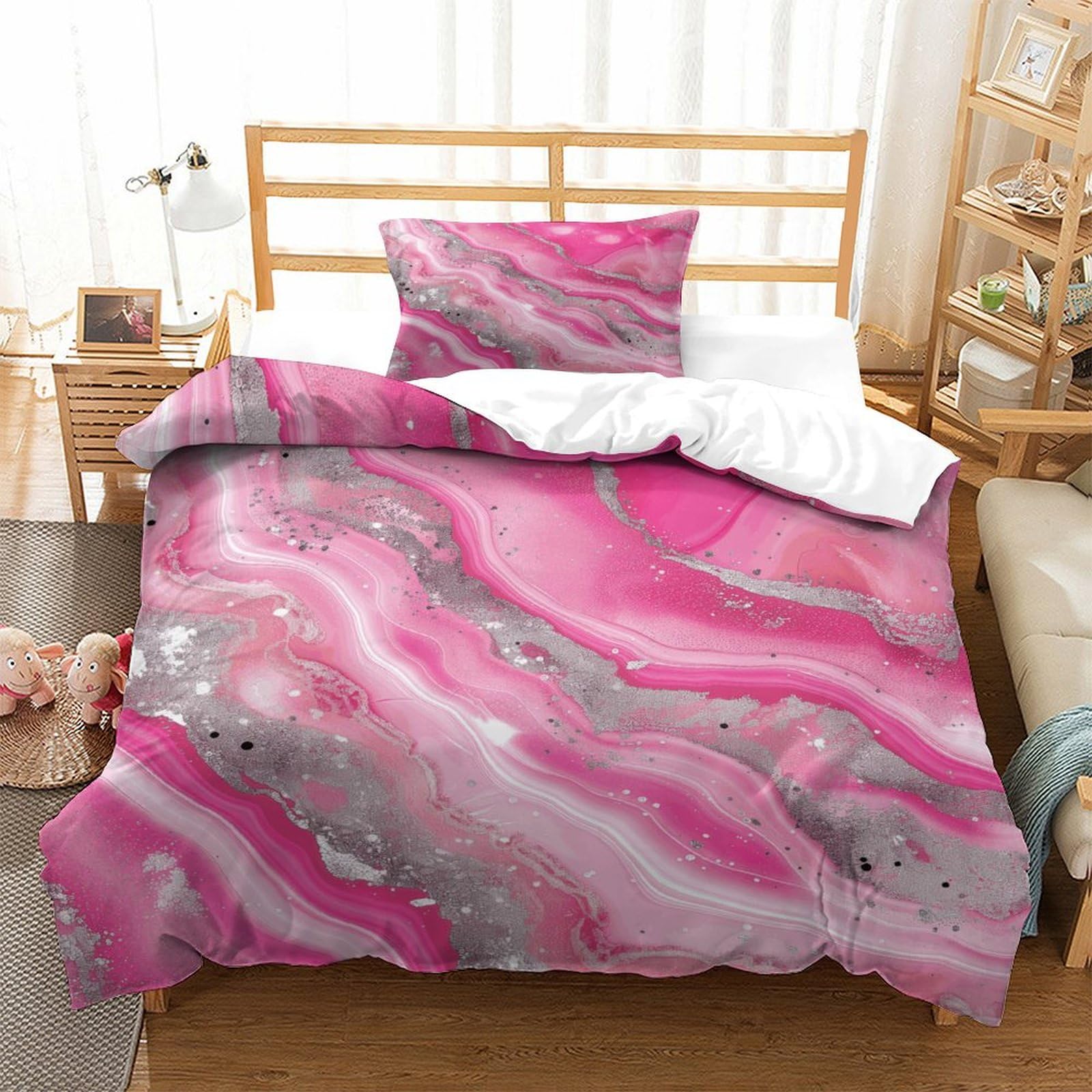 P1S9U7W5Y Marble Pattern 3D Printed Duvet Cover Set 3pcs Microfiber Pink Marble Bedding Set Single（135x200cm）