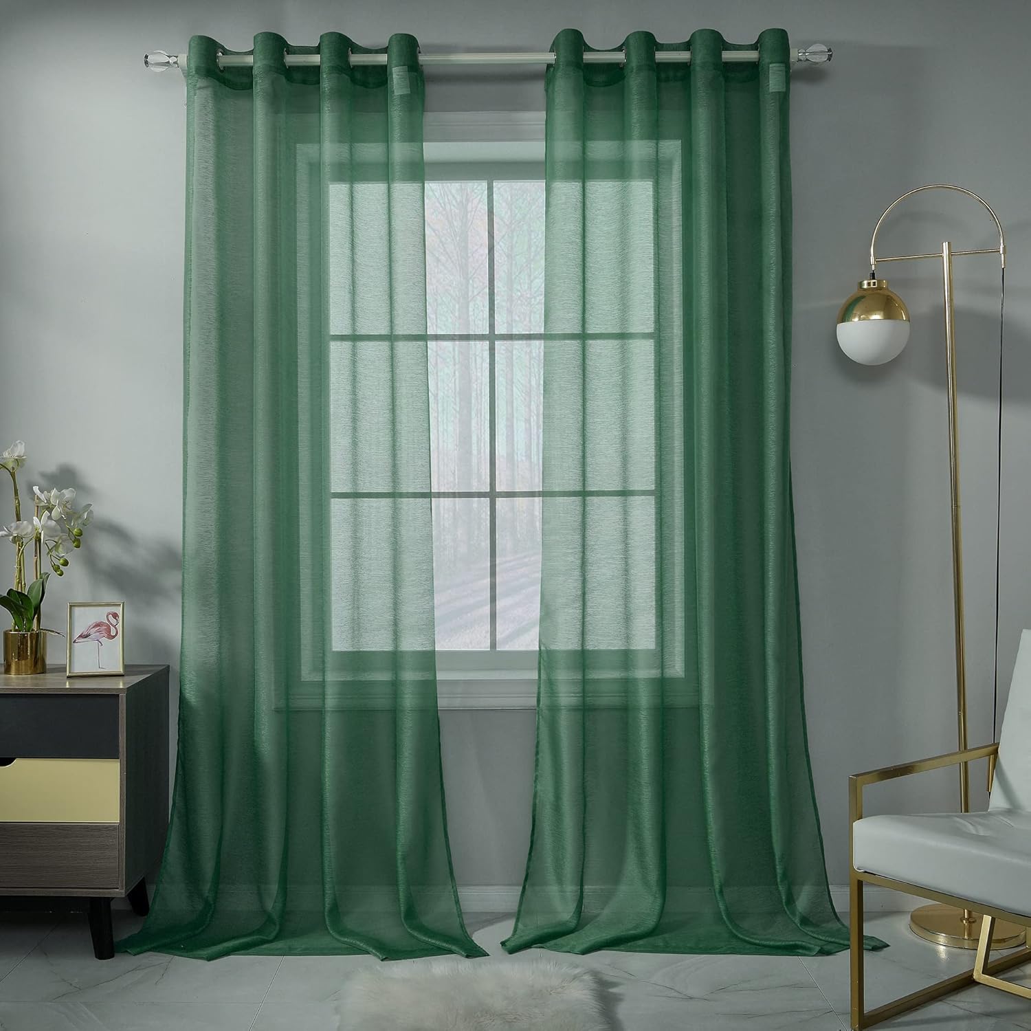 Hunter Green Sheer Curtains 95 Inch Length Set 2 Panels For Living Room Translucent