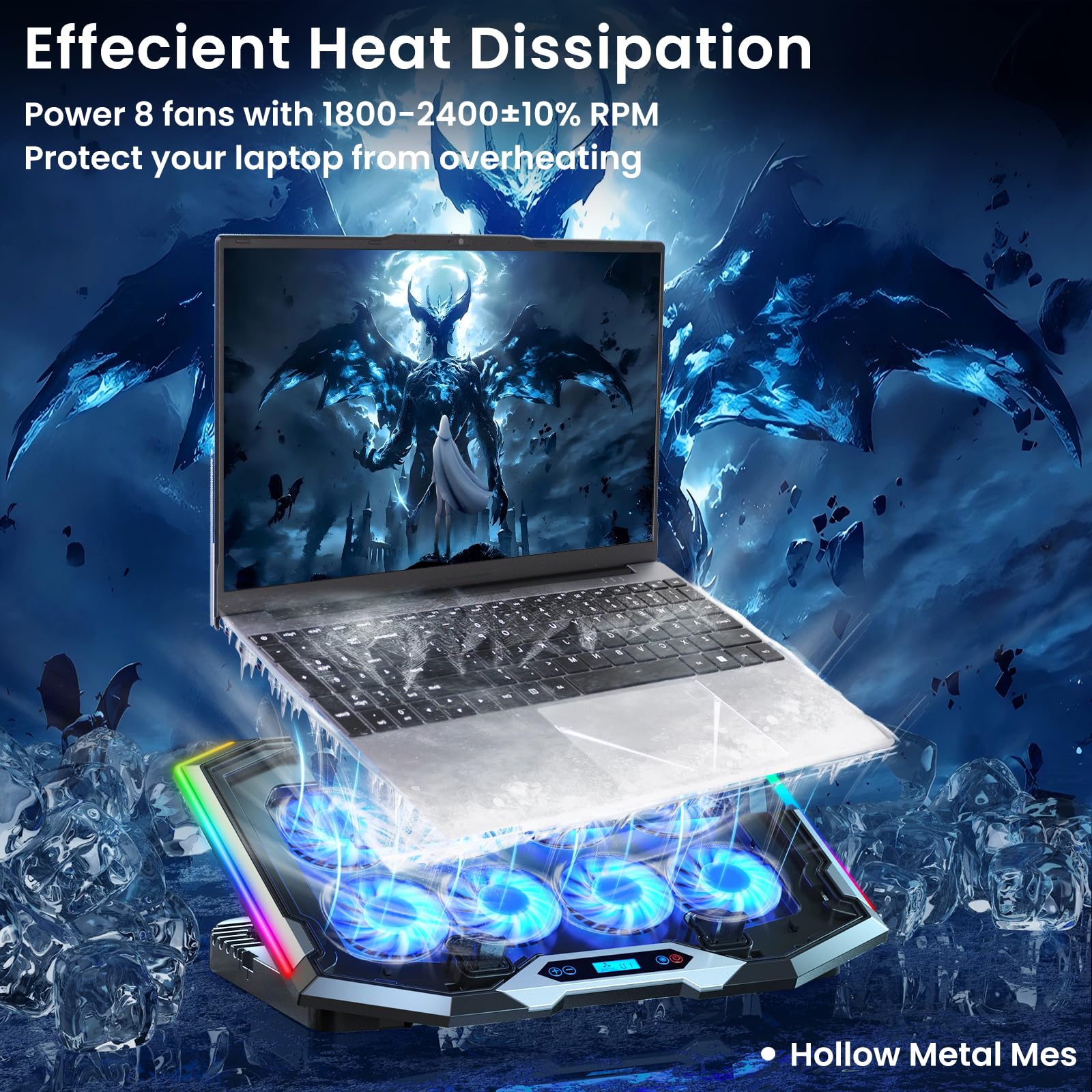 Laptop-Kühlpad mit 8 Kühlventilatoren, Kühlkissen für Gaming-Laptop-Lüfter 30,5-43,9 cm, Laptop-Kühlerständer mit 5 höhenverstellbaren Notebook-Kühler-Pads mit 2 USB-Anschlüssen