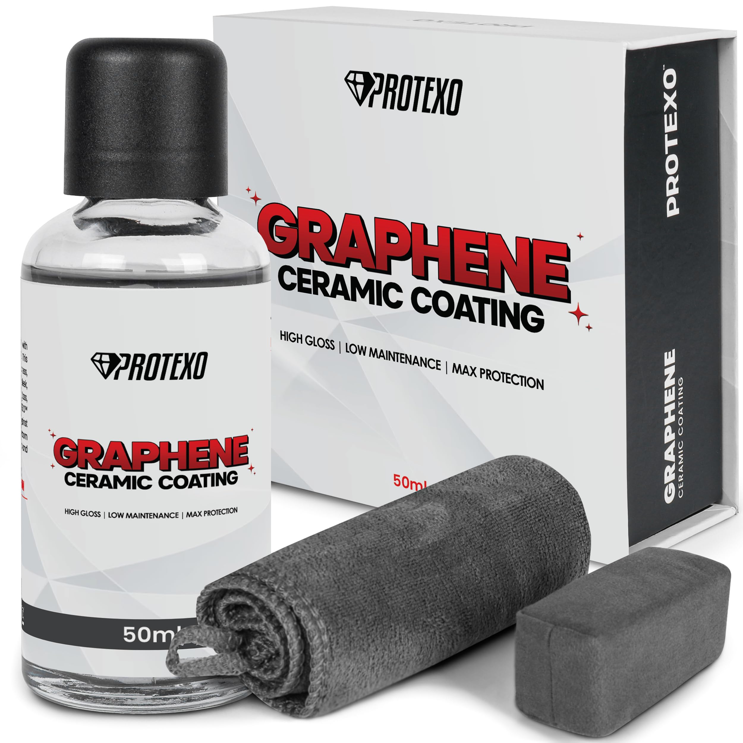 PROTEXO Graphene Ceramic Coating for Cars 50ML | Complete Ceramic Car Coating Kit [PRO] | Invisible & Hydrophobic Nano Auto Coating for Car Paint, Plastic Trim, Wheels, Windshield Glass, & Headlights