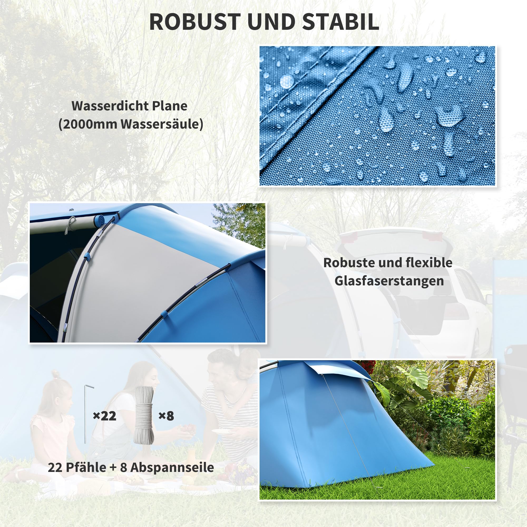 Outsunny Campingzelt für 4 Personen Groß Familienzelt mit Eingang Blau | Bodenplane, Zelt mit 2000mm Wassersäule, Tunnelzelt, Kuppelzelt, für Camping Reise Trekking Garten
