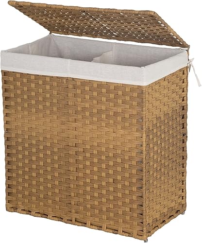 Paylesshere Cesta de lavandería tejida a mano 90L110L cesta plegable de ratán con tapa, 2 bolsas extraíbles y 6 bolsas de lavandería, cesta de ropa