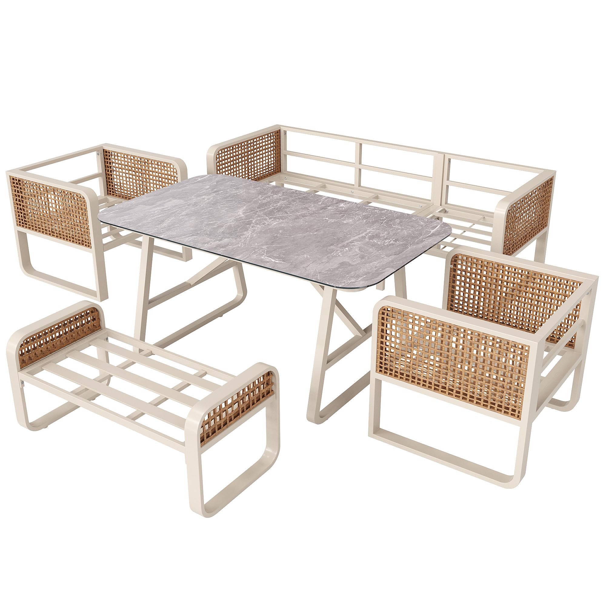 Merax Gartenmöbel Set 6-7 Personen, Gartenlounge Lounge Set aus Metallrahmen & PE-Rattan, Balkonmöbel Outdoor Sitzgruppe mit Tisch & Kissen, Kombinierbar Gartensofa-Set, Wetterfest für Terrasse, Beige