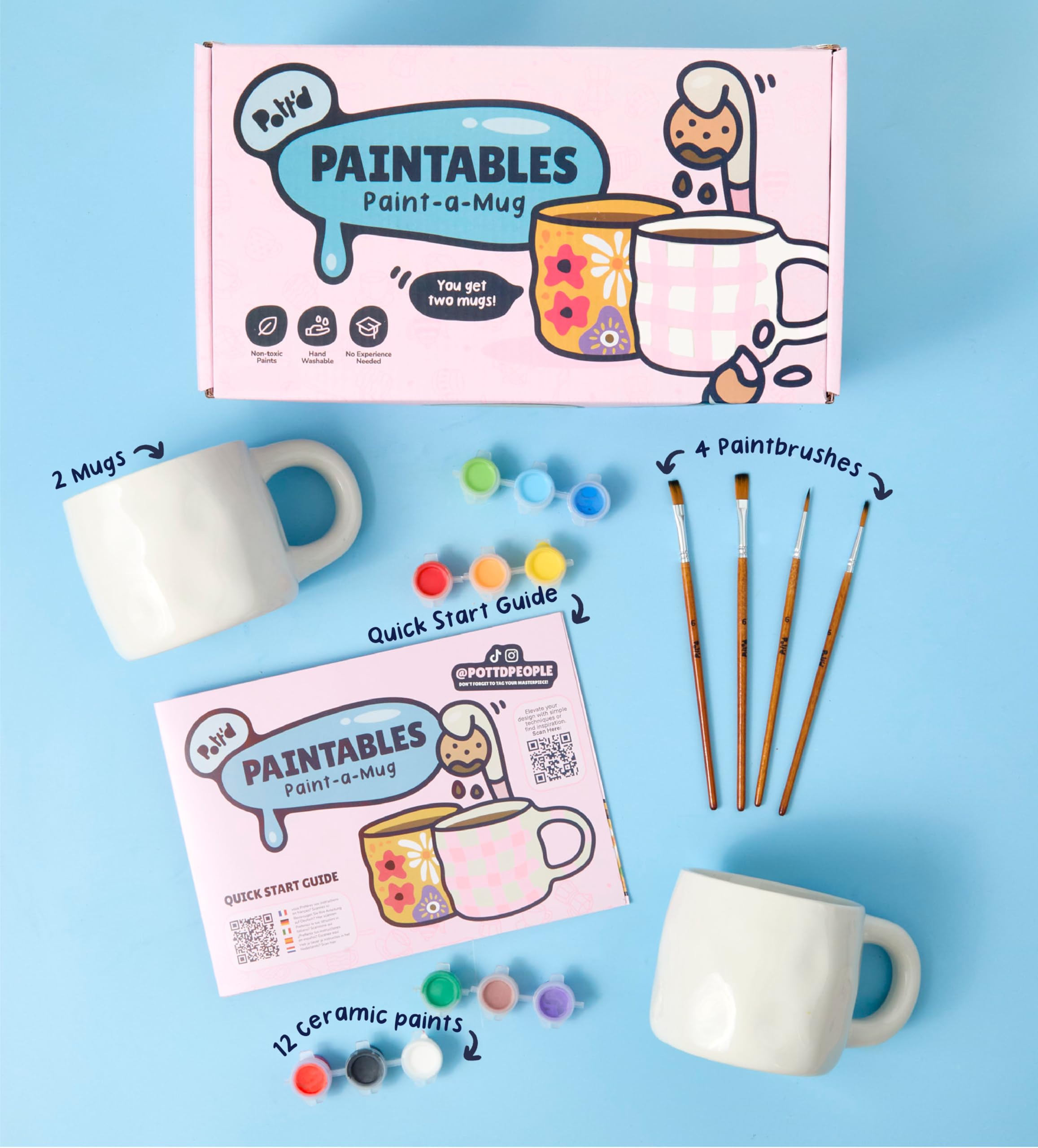 Pott'd Paintables Coffret Mug à Peindre, Kit de Peinture sur Céramique pour Adultes, Kit DIY de Peinture sur Mug pour Débutants avec Mugs, Peintures, Pinceaux et Guide d’Inspiration