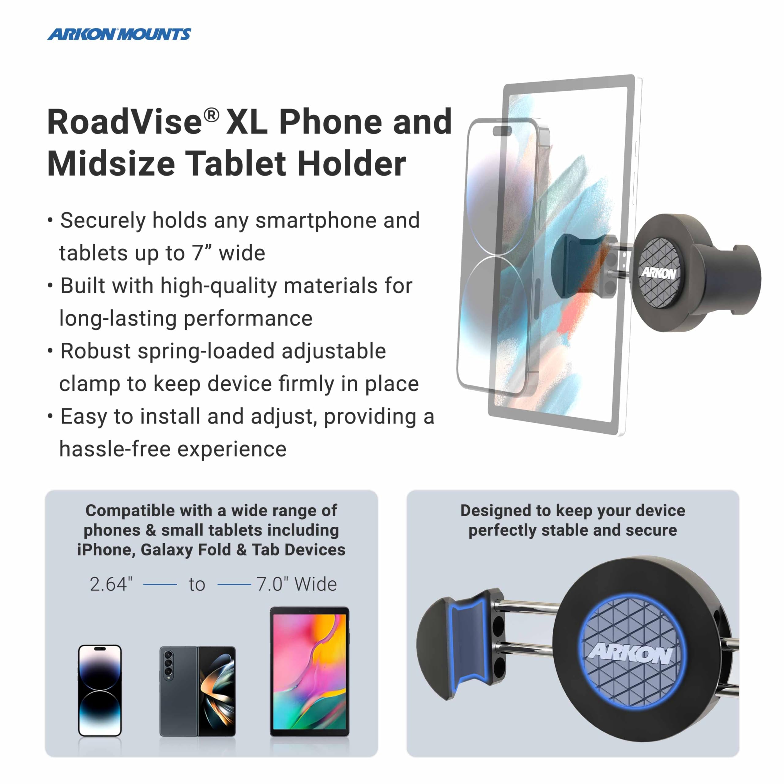 Arkon HMHD5RVXL - Soporte para reposacabezas de Coche con Brazo de 25,4 cm para Smartphones, tabletas de tamaño Mediano de 20,3 cm, Interruptor Nintendo