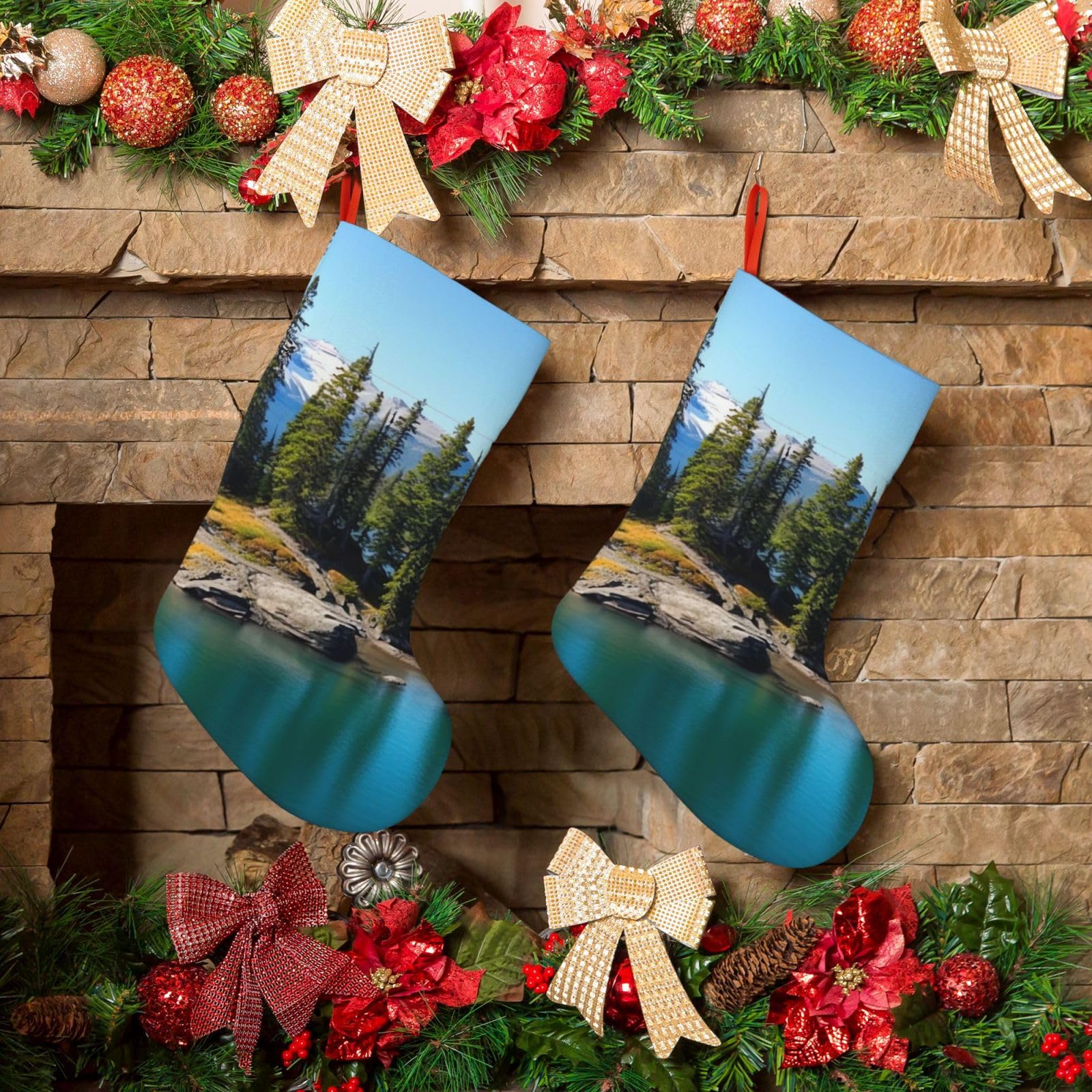 KLOPH Christmas Stockings 18" Personalized Xmas Stocking Spirit Island in Lake Decoration Stocking Hanging Fireplace Stocking for Holiday Xmas Tree Christmas Fireplace Decor