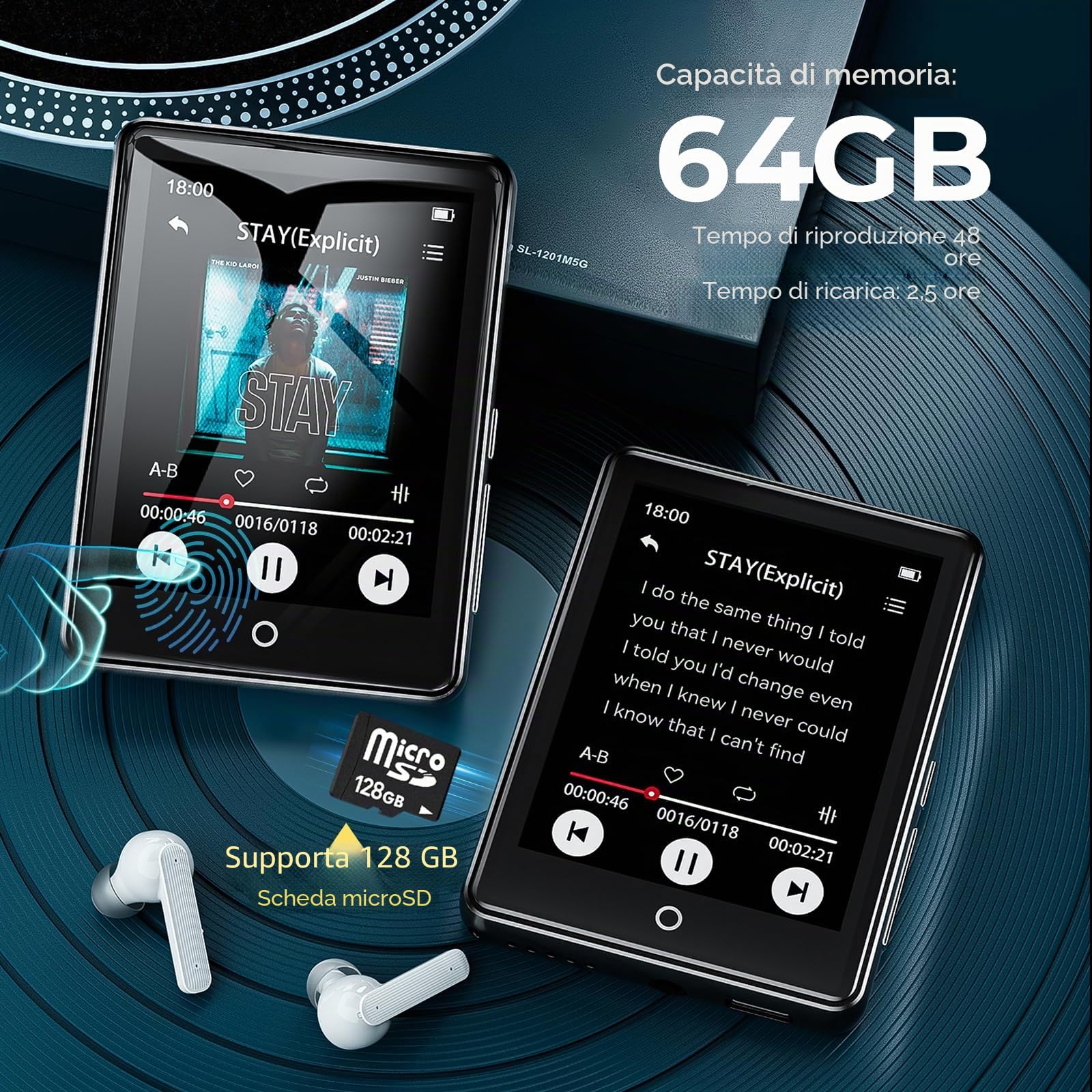 Lettore MP3 da 64 GB, Bluetooth 5.3, touch screen da 2,8 pollici, cassa in zinco, suono e altoparlante Hi-Fi, durata della batteria di 48 ore, rumore bianco (18 suoni), cuffie e custodia, espandibile