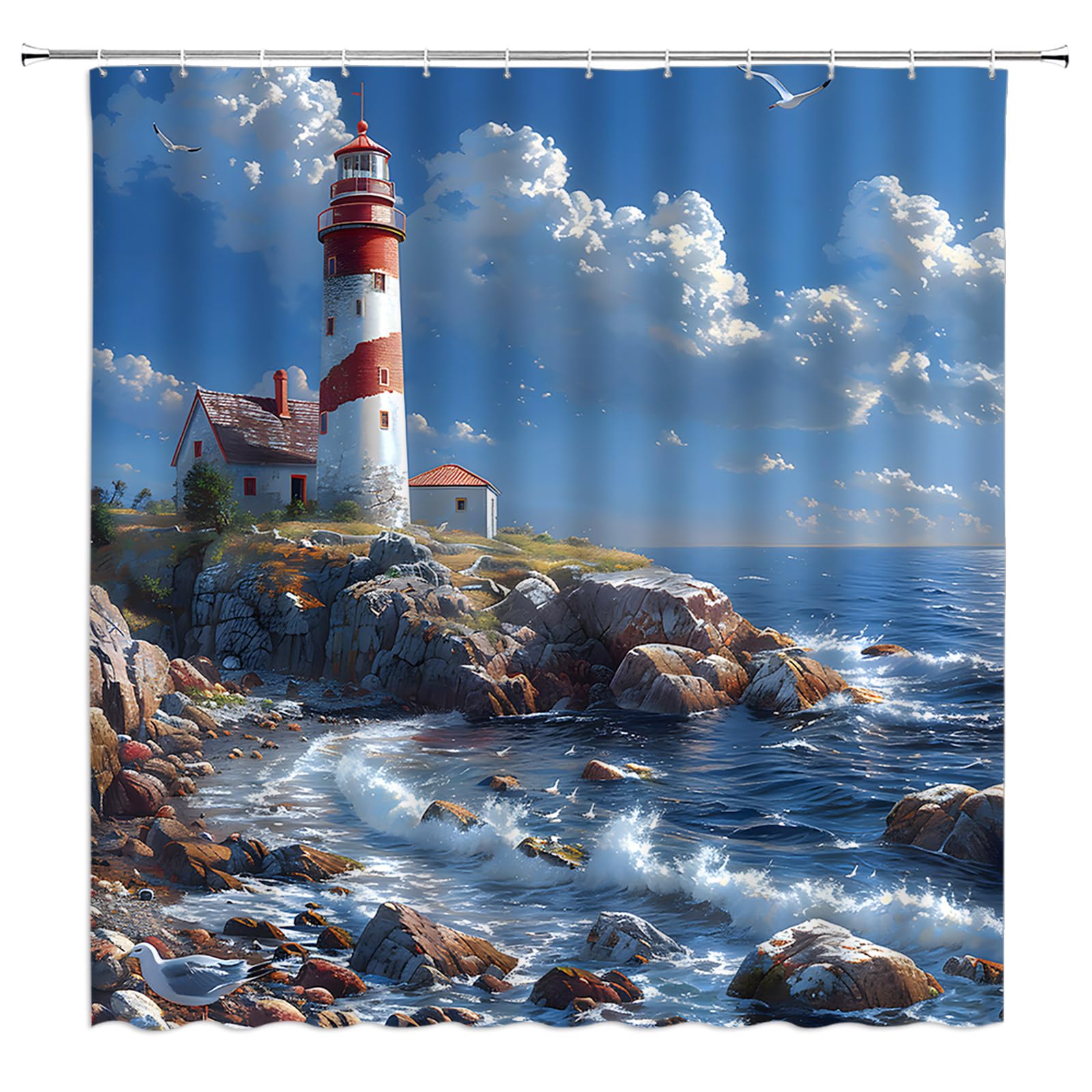 GCTNBJL Ocean Lighthouse Shower Curtain Coastal Nautical Beach Seaside Sea Wave Tropical Landscape Seascape Blue Extra Long Bathroom Home Curtain with