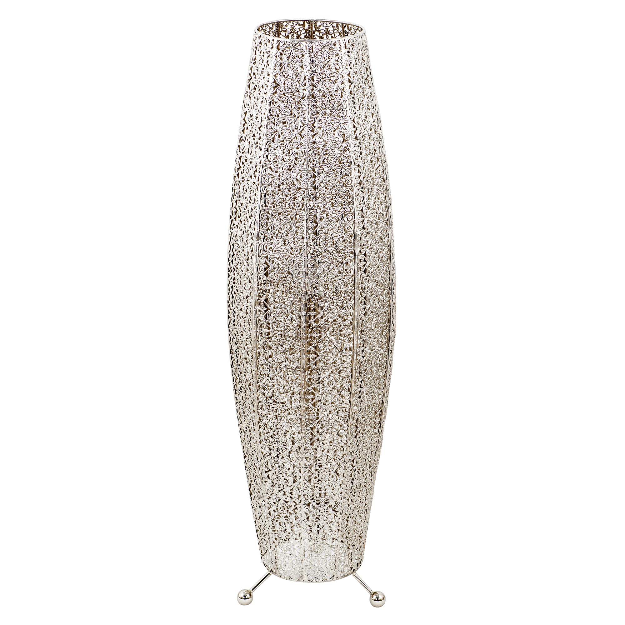 Happy Homewares Traditional and Ornate Floral Moroccan Floor Lamp in Shiny Silver with Tripod Metal Feet | 85cm x 30cm | 1 x 11w | Inline Foot Switch Button